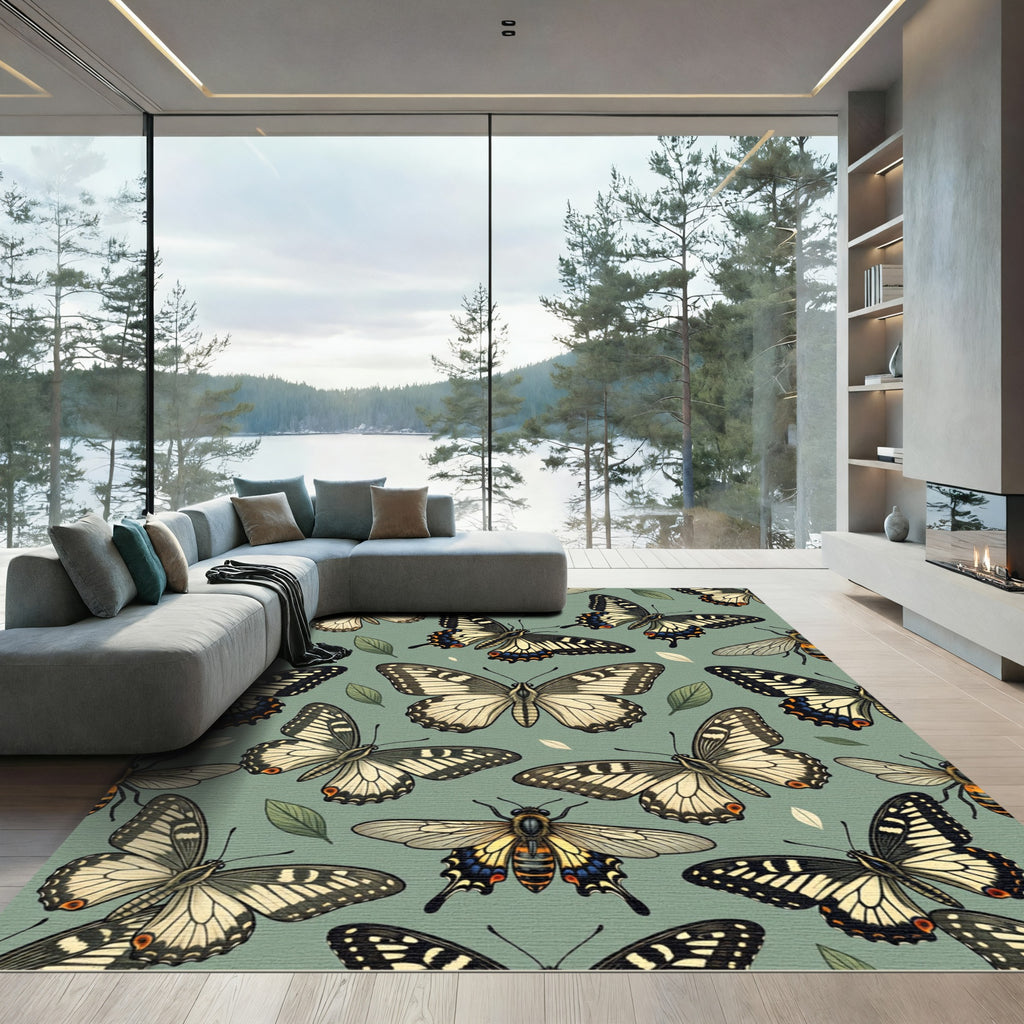 Sage Green Botanical Butterfly Ensemble Rug
