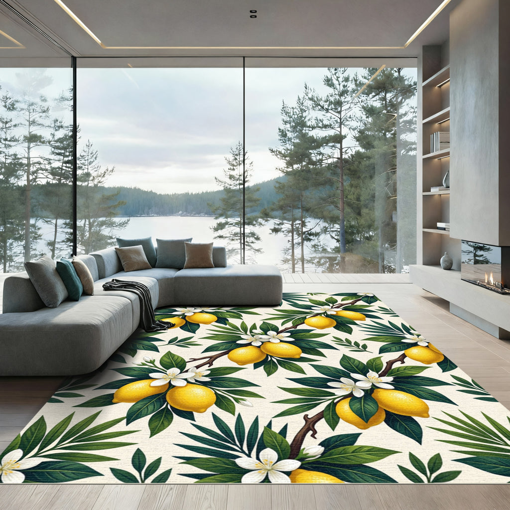 Sunny Lemon Citrus Blossom Botanical Art Rug