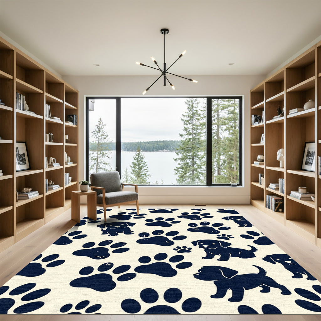 Playful Navy Puppy and Paw Silhouette Rug