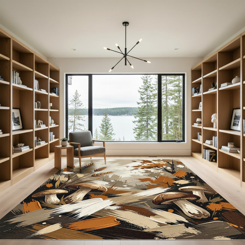 Earthy Autumn Mushroom and Wheat Field Rug