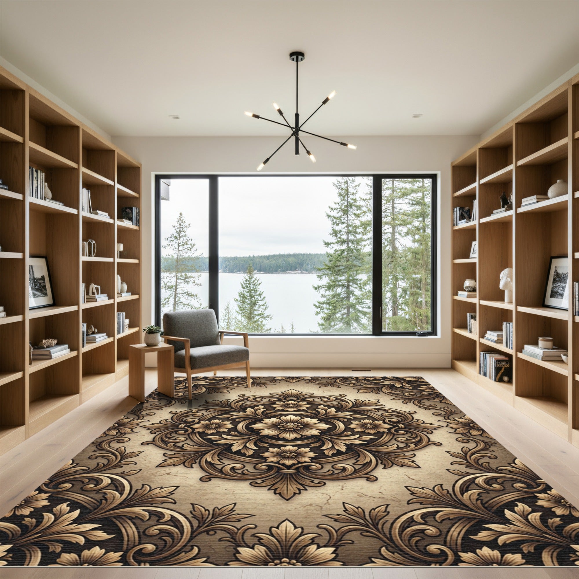 Intricate Bronze Floral Damask Medallion Rug