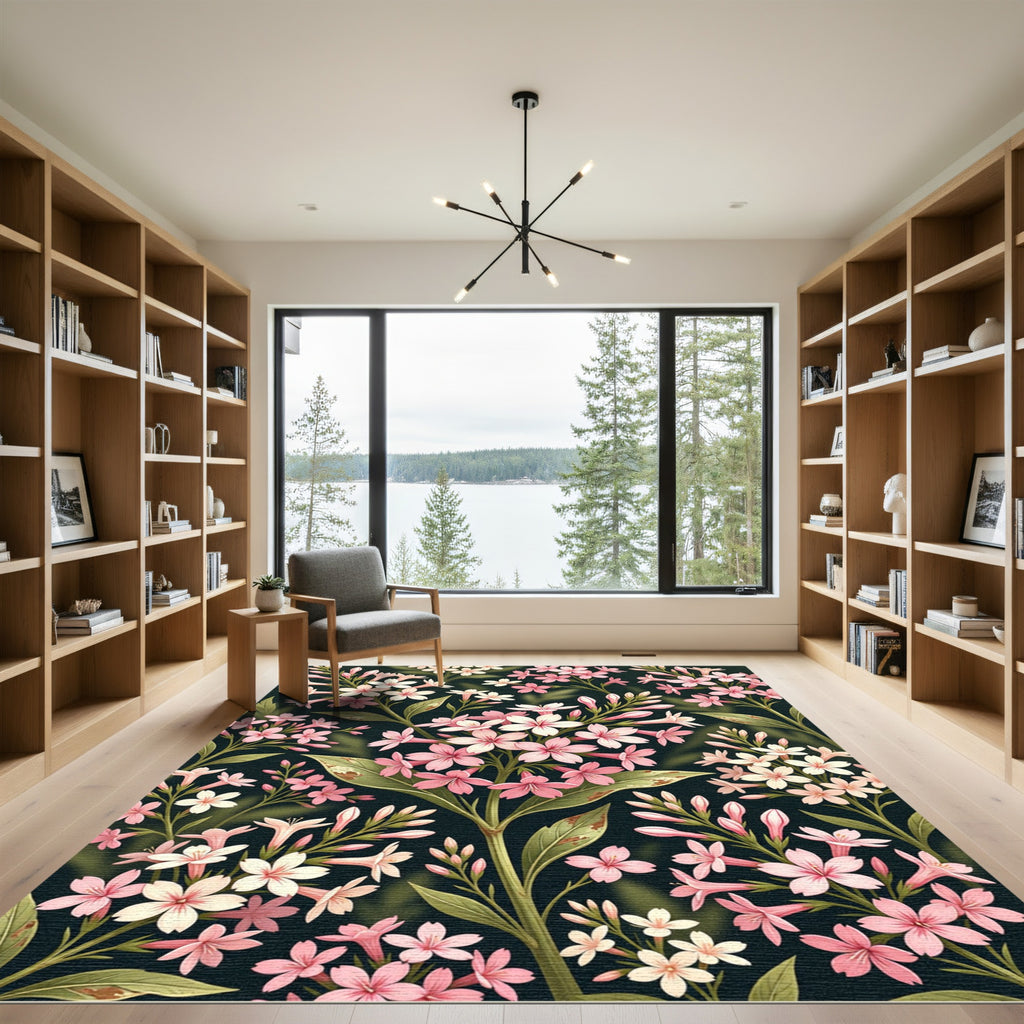 Elegant Pink Blossom Floral Dark Garden Rug