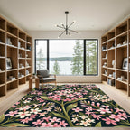 Elegant Pink Blossom Floral Dark Garden Rug