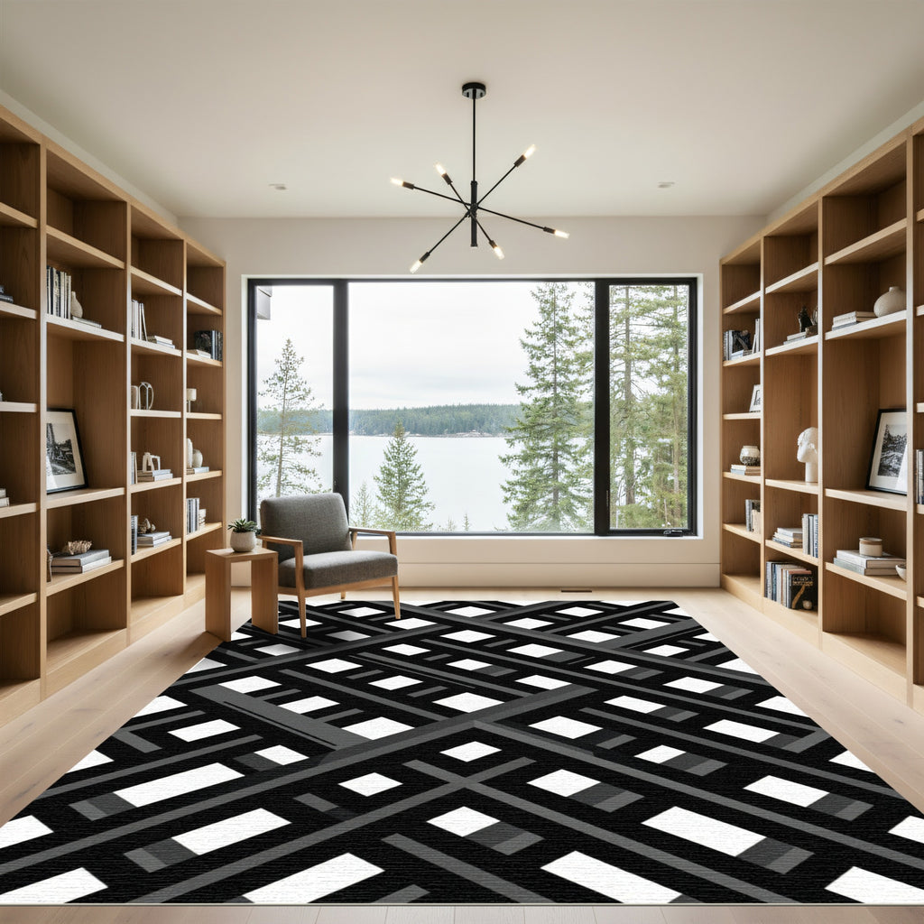 Monochrome Geometric Diagonal Grid Rug