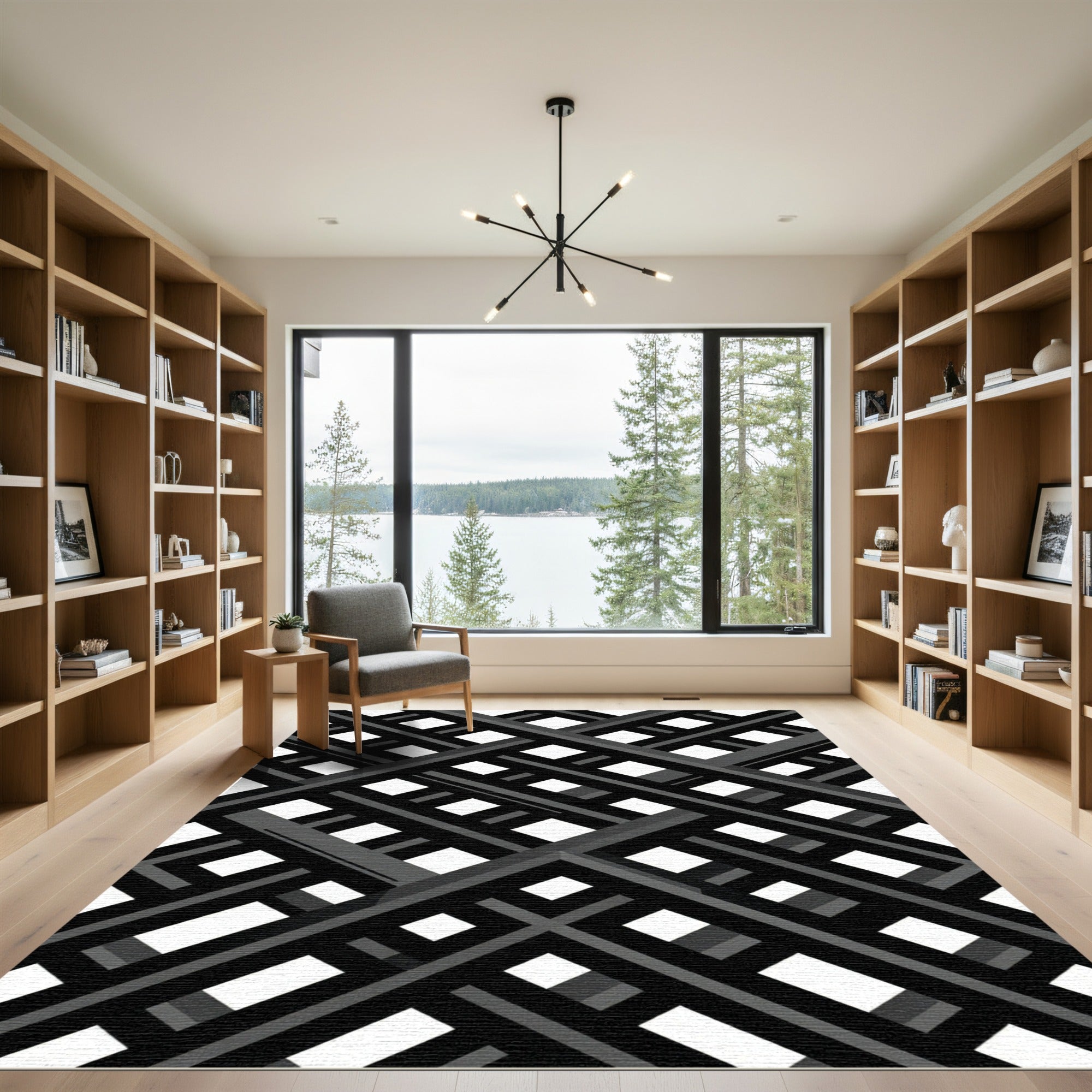 Monochrome Geometric Diagonal Grid Rug