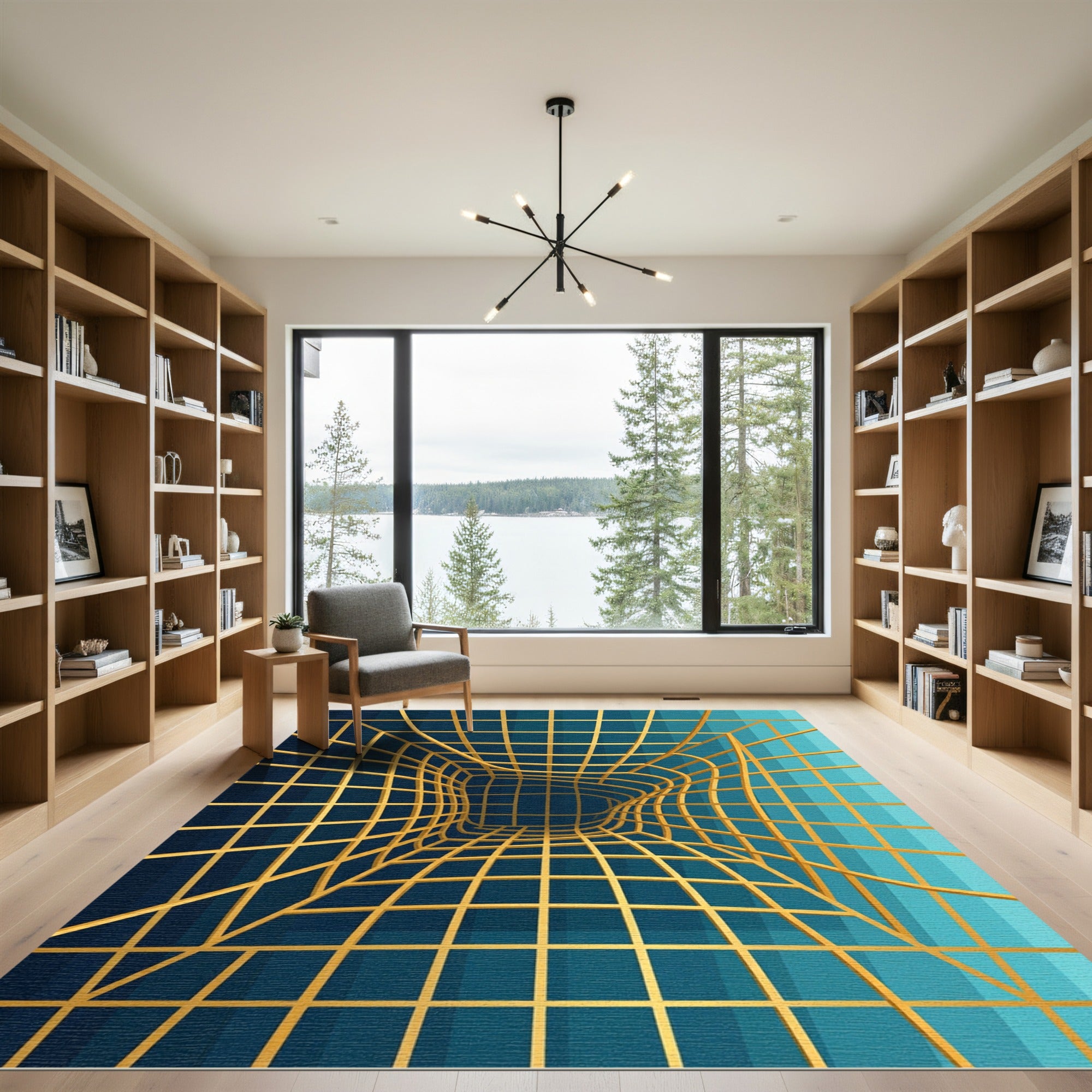 Modern Gold Geometric Grid Tunnel Rug
