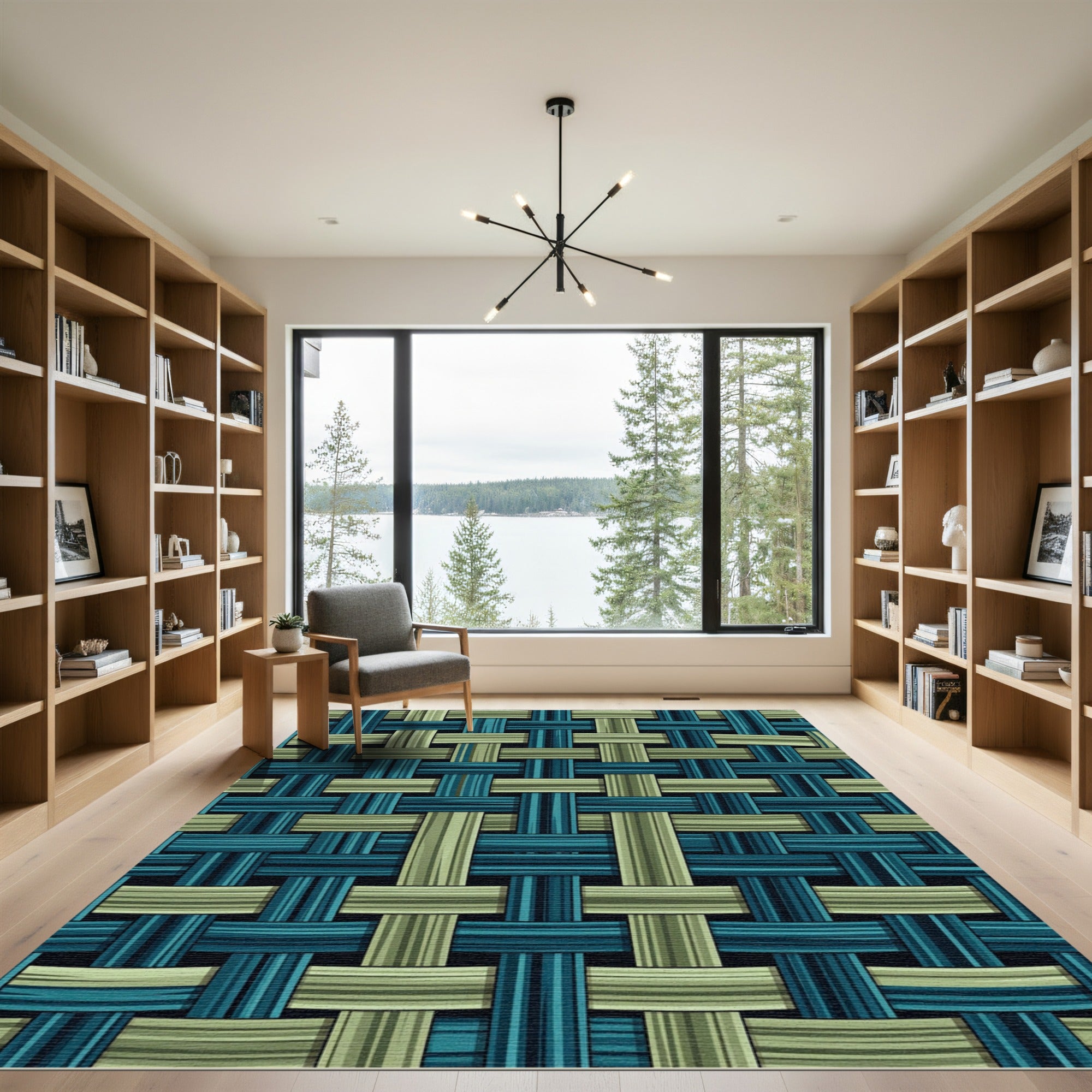 Woven Sage and Teal Geometric Grid Rug
