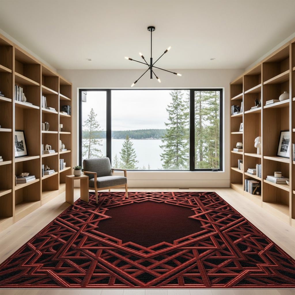 Rich Crimson Intricate Geometric Frame Rug