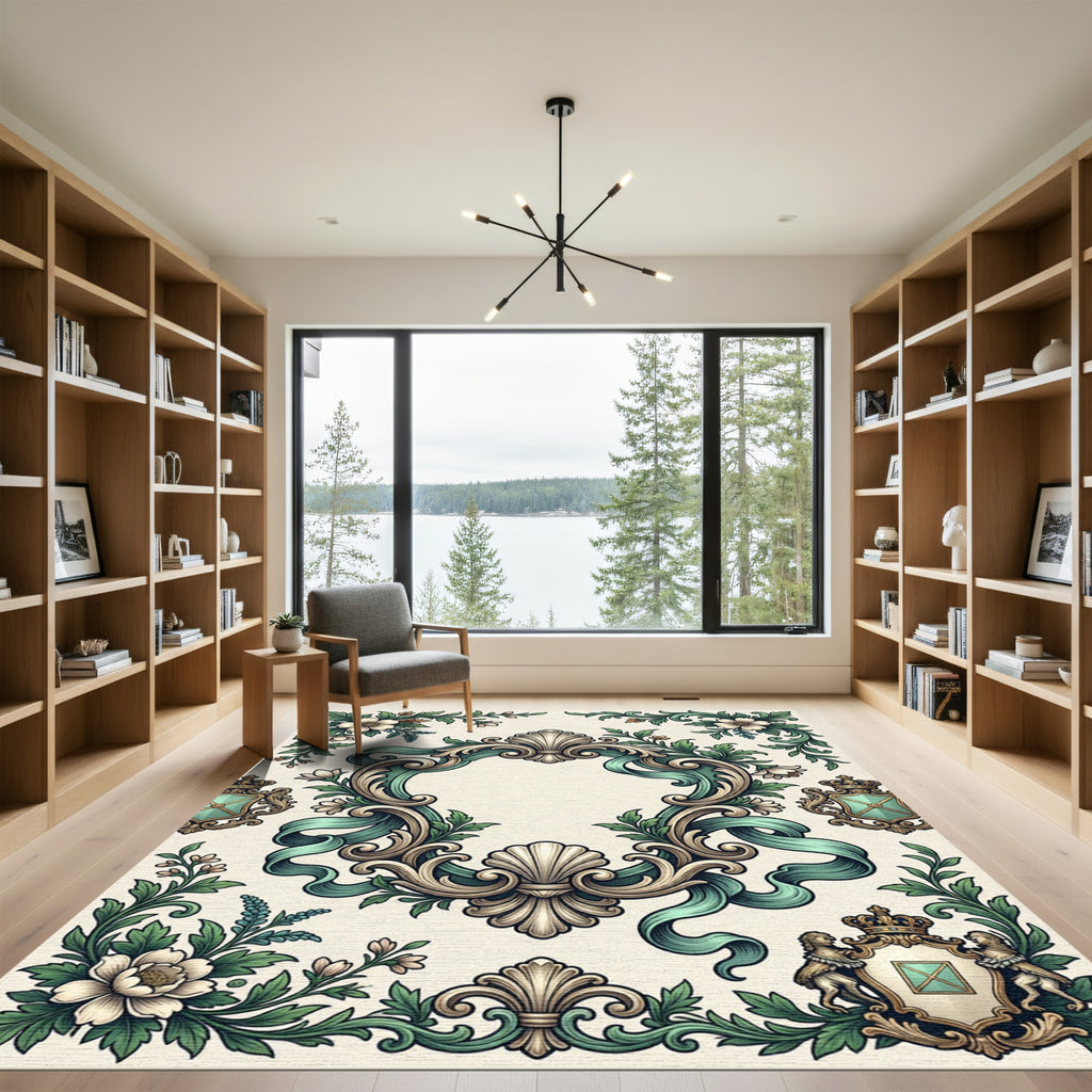 Elegant Sage Baroque Scroll Floral Filigree Rug