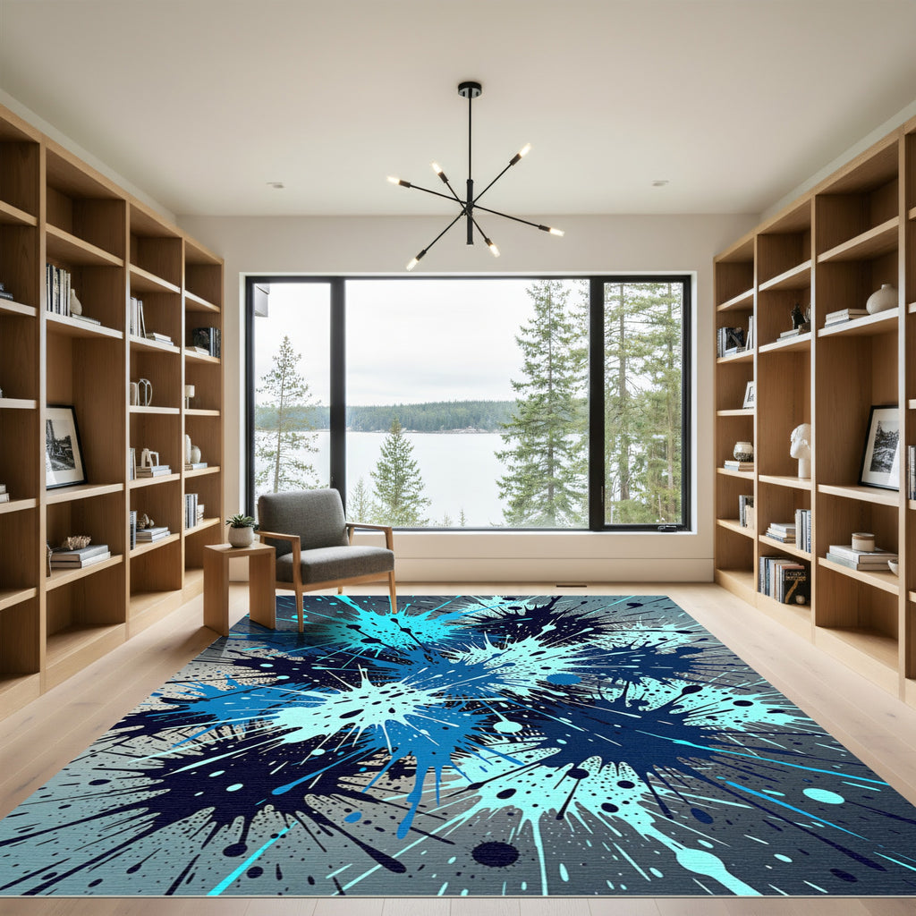 Dynamic Navy and Cyan Ink Splash Rug