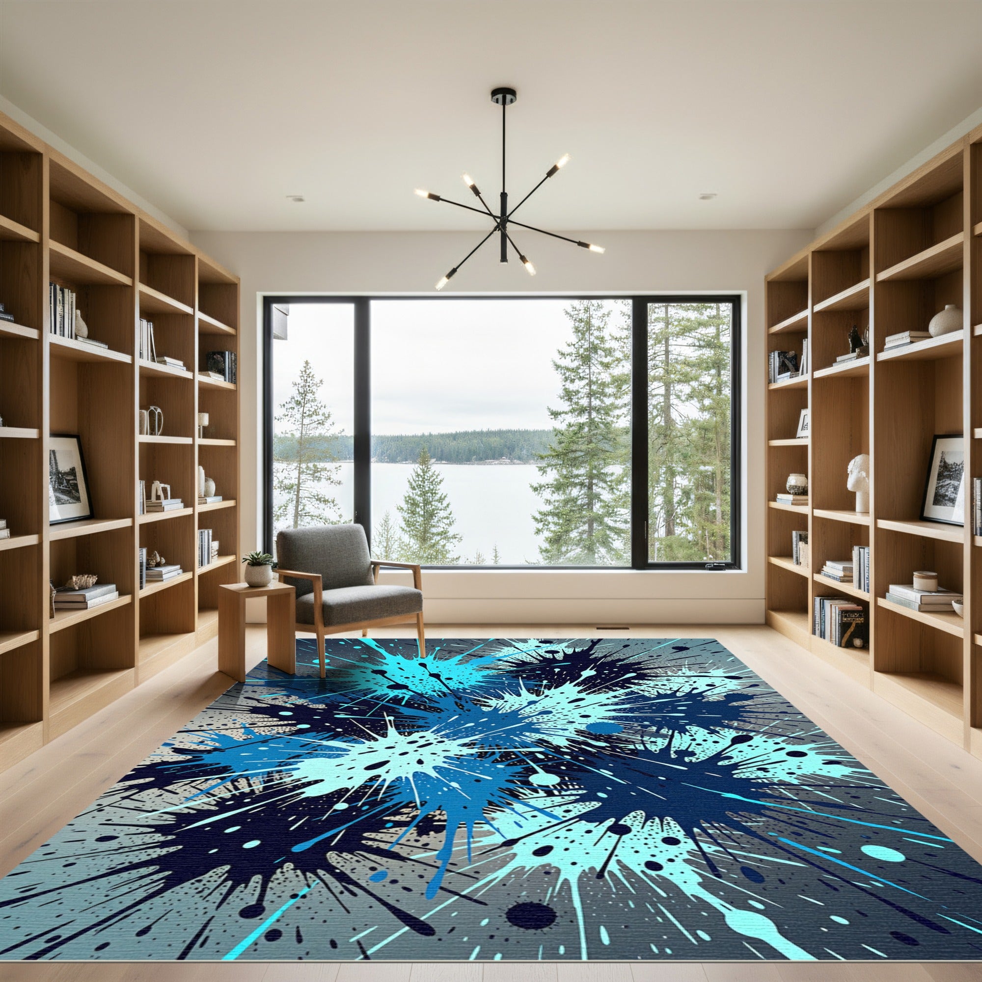 Dynamic Navy and Cyan Ink Splash Rug