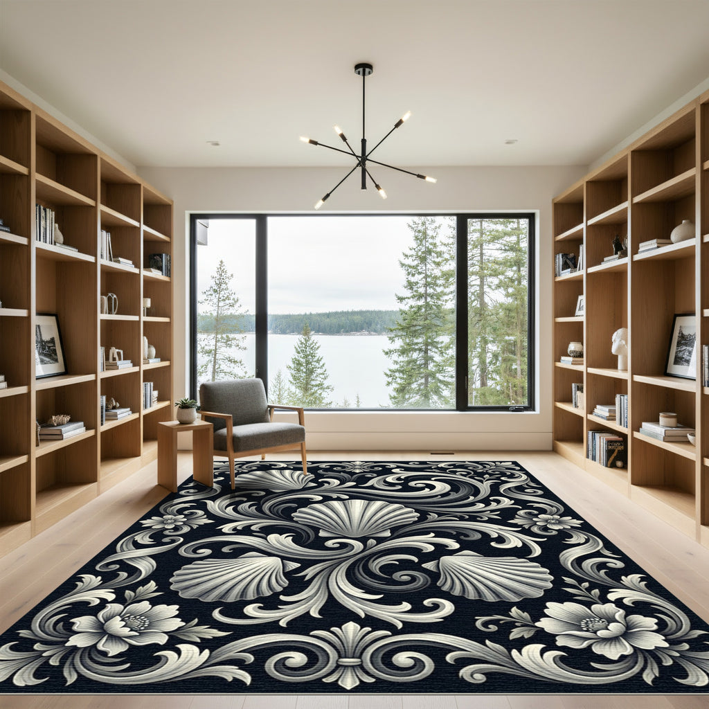 Elegant Monochrome Baroque Shell Scroll Rug