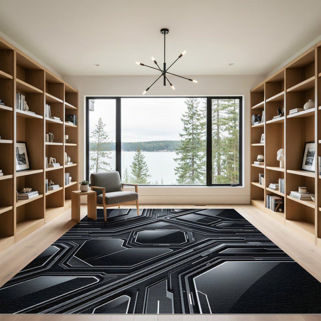 Sleek Metallic Monochromatic Cyber Hexagon Rug