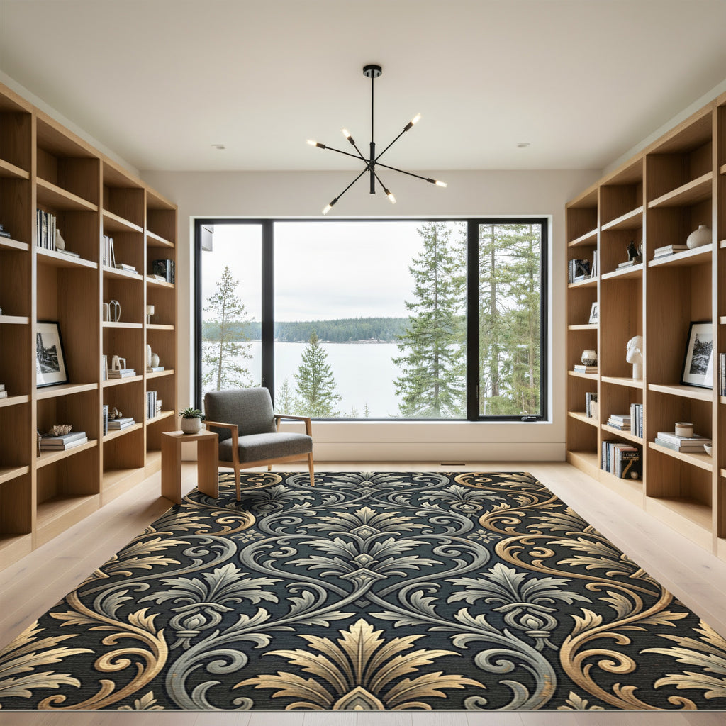 Ornate Silver and Gold Acanthus Scroll Rug