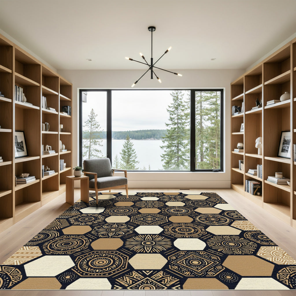 Golden Rustic Hexagon Medallion Rug