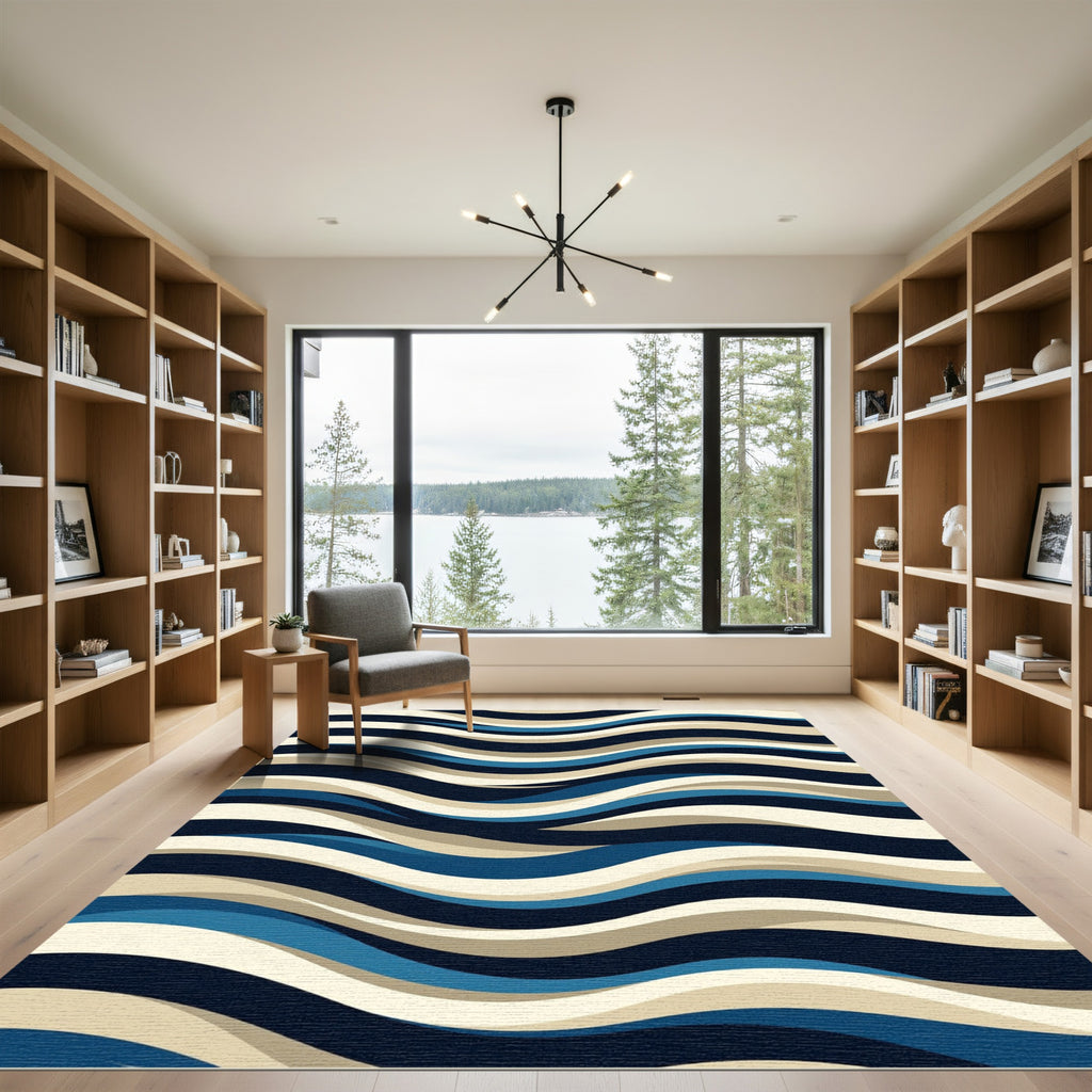 Modern Navy and Beige Wavy Accent Rug