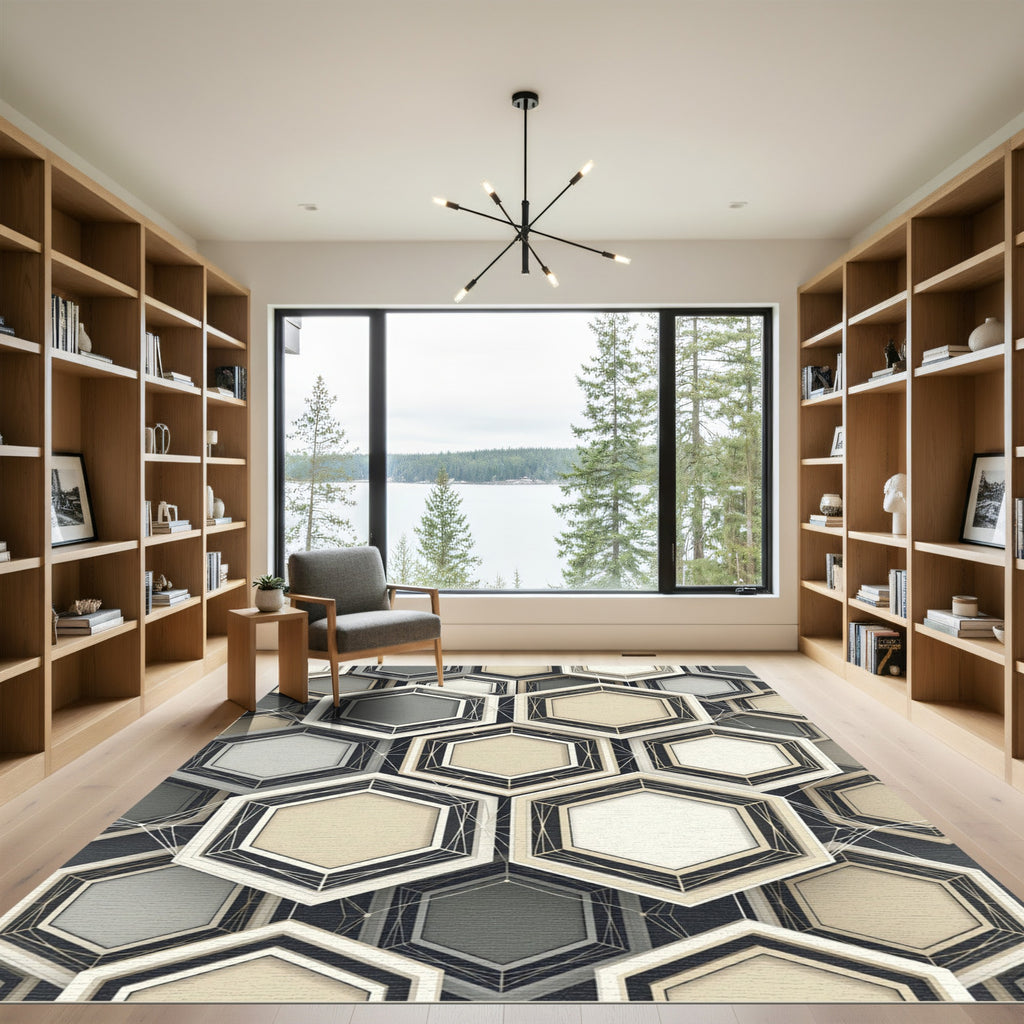 Sophisticated Monochrome Geometric Hexagon Abstract Rug