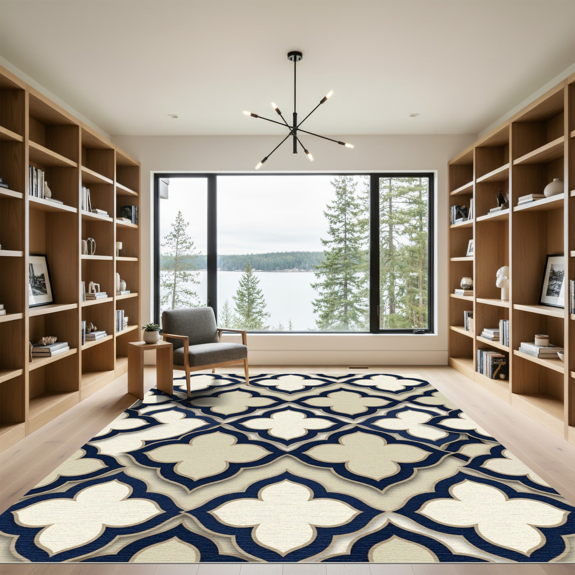 Elegant Navy Cream Quatrefoil Geometry Rug
