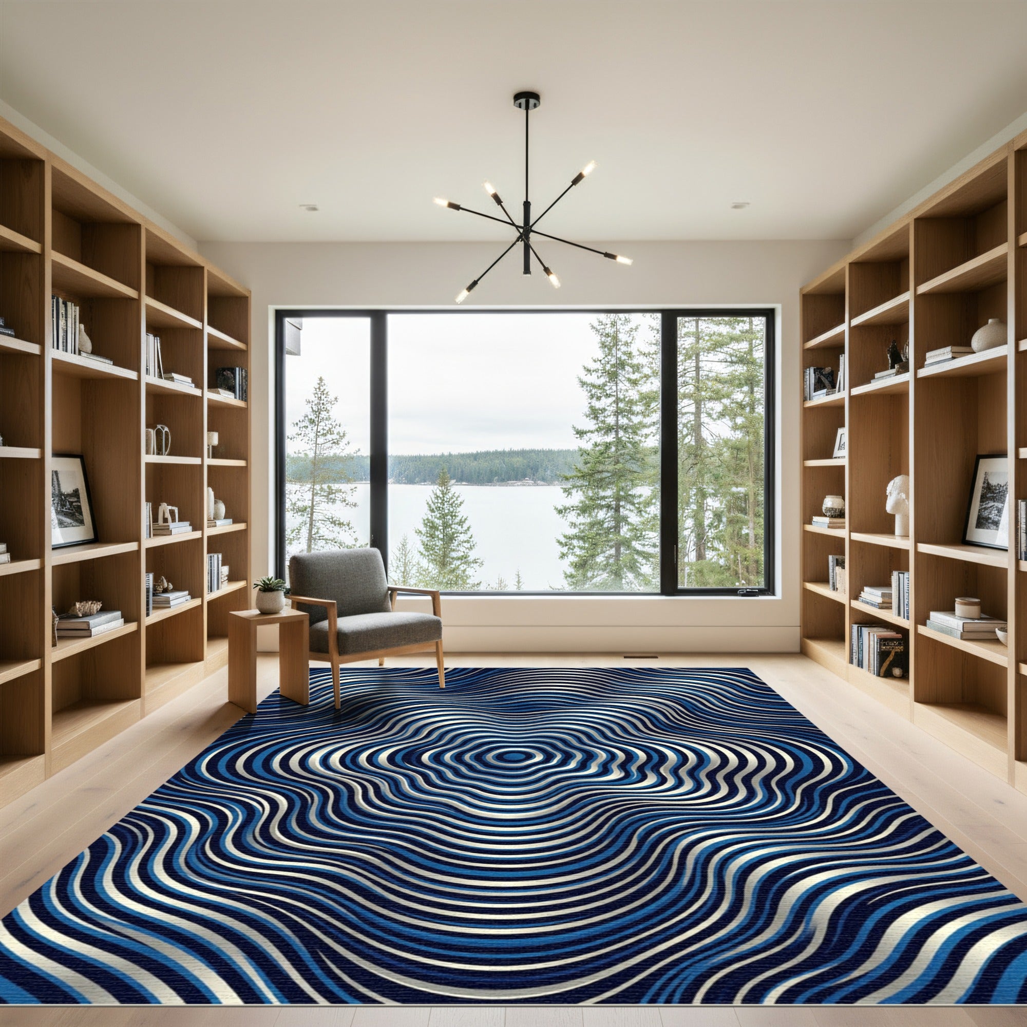Modern Blue Metallic Concentric Wave Rug