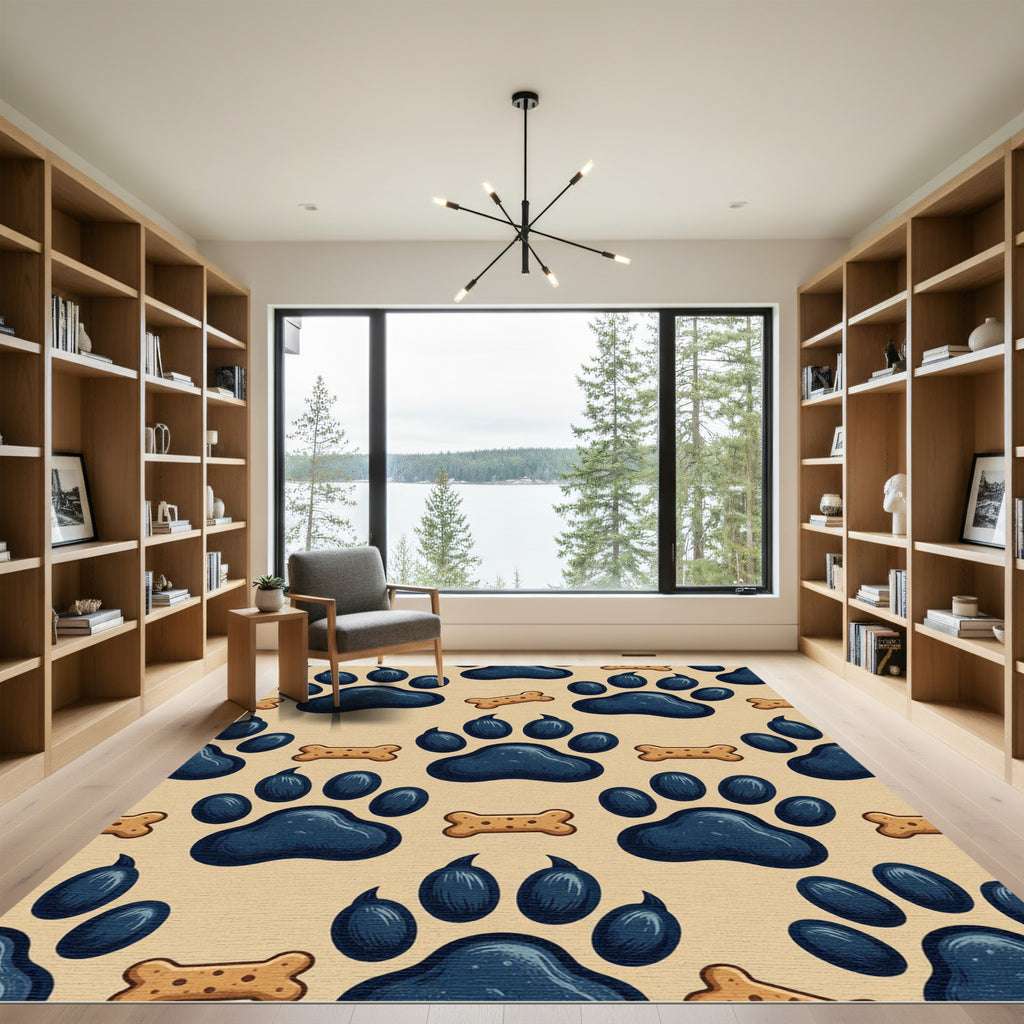 Playful Blue Paw and Bone Illustration Rug
