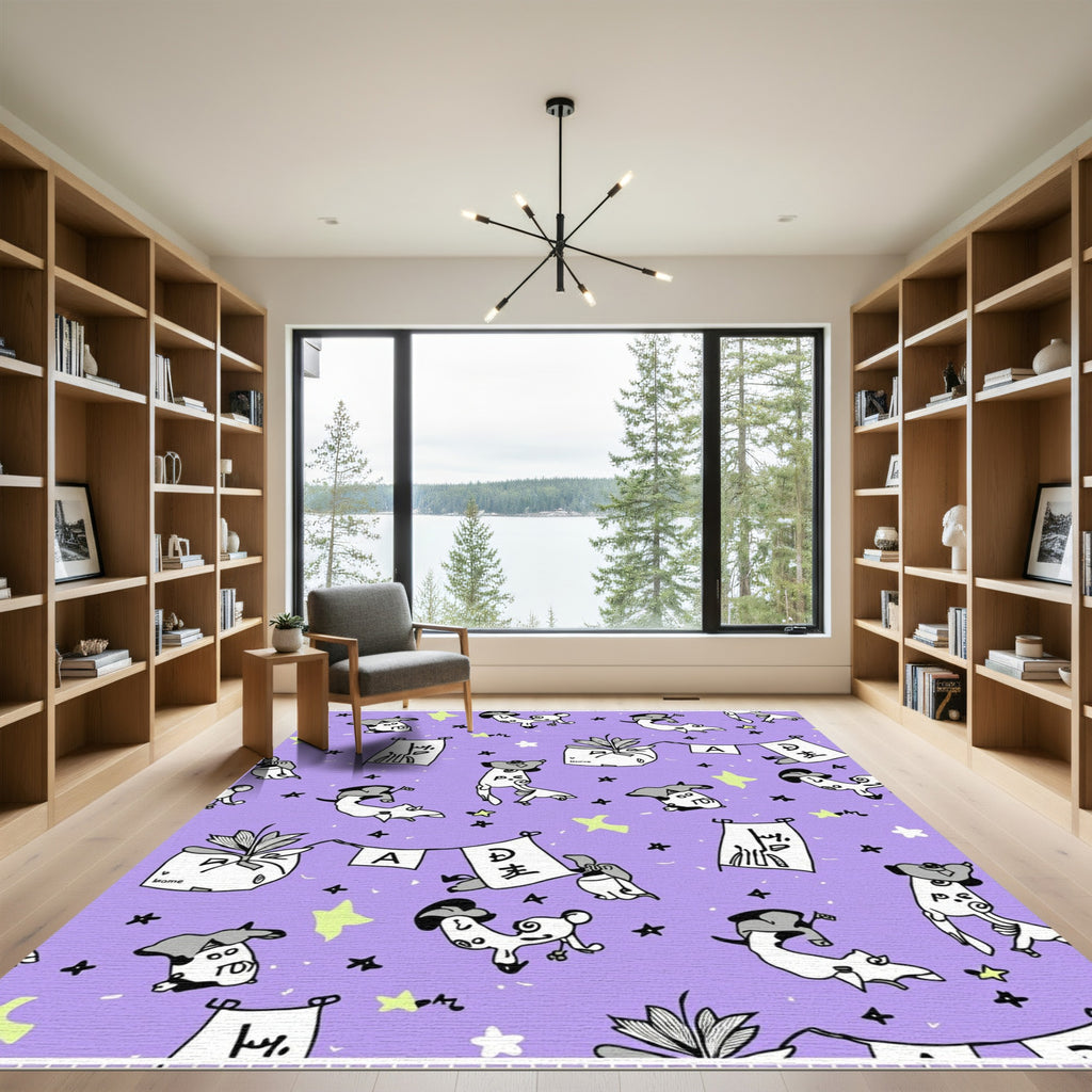 Playful Dogs And Stars Purple Design Rug