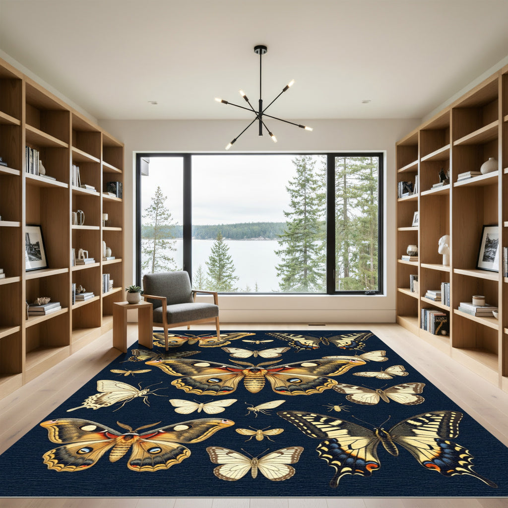 Whimsical Midnight Butterfly Entomology Illustration Rug