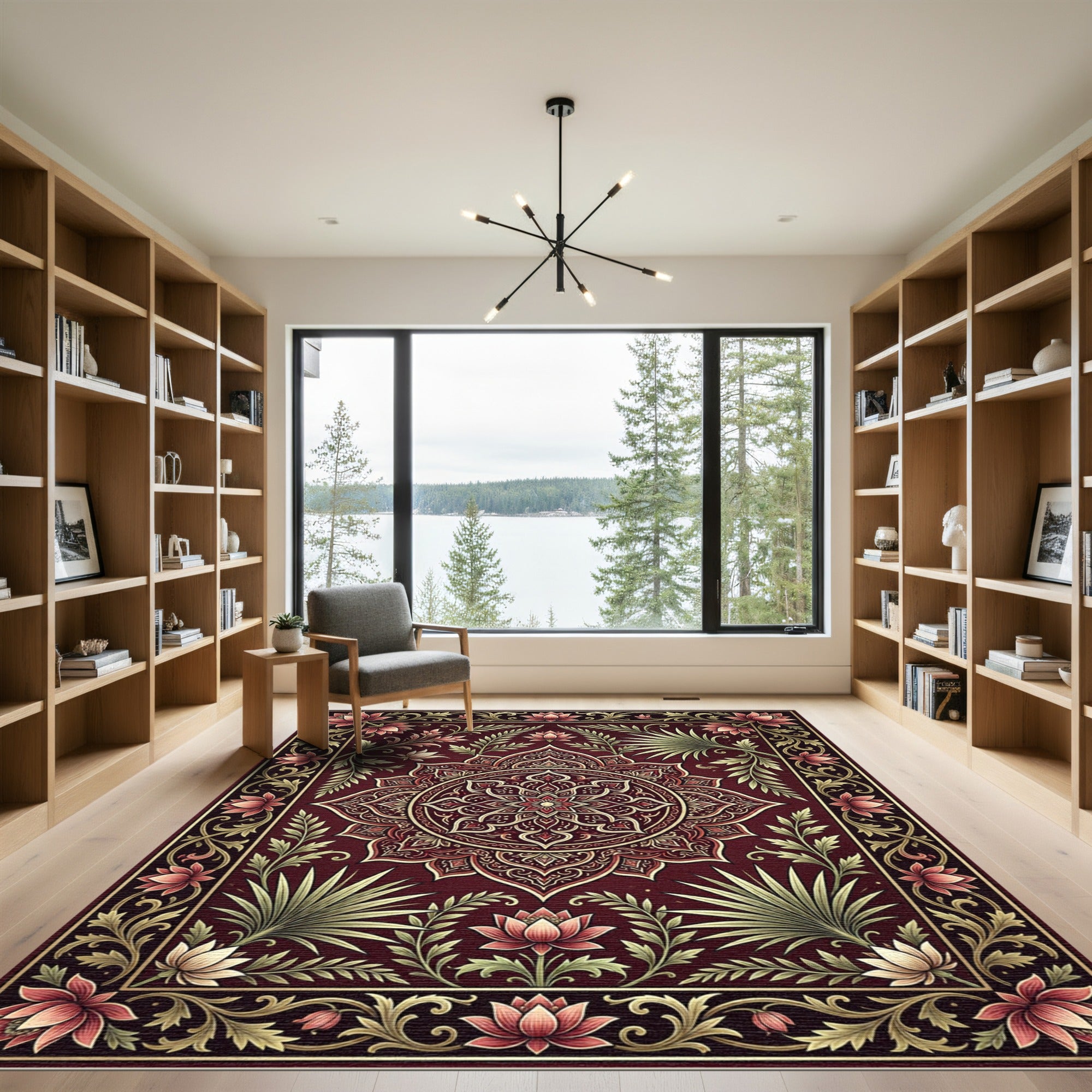 Ornate Crimson Lotus Medallion Foliage Rug