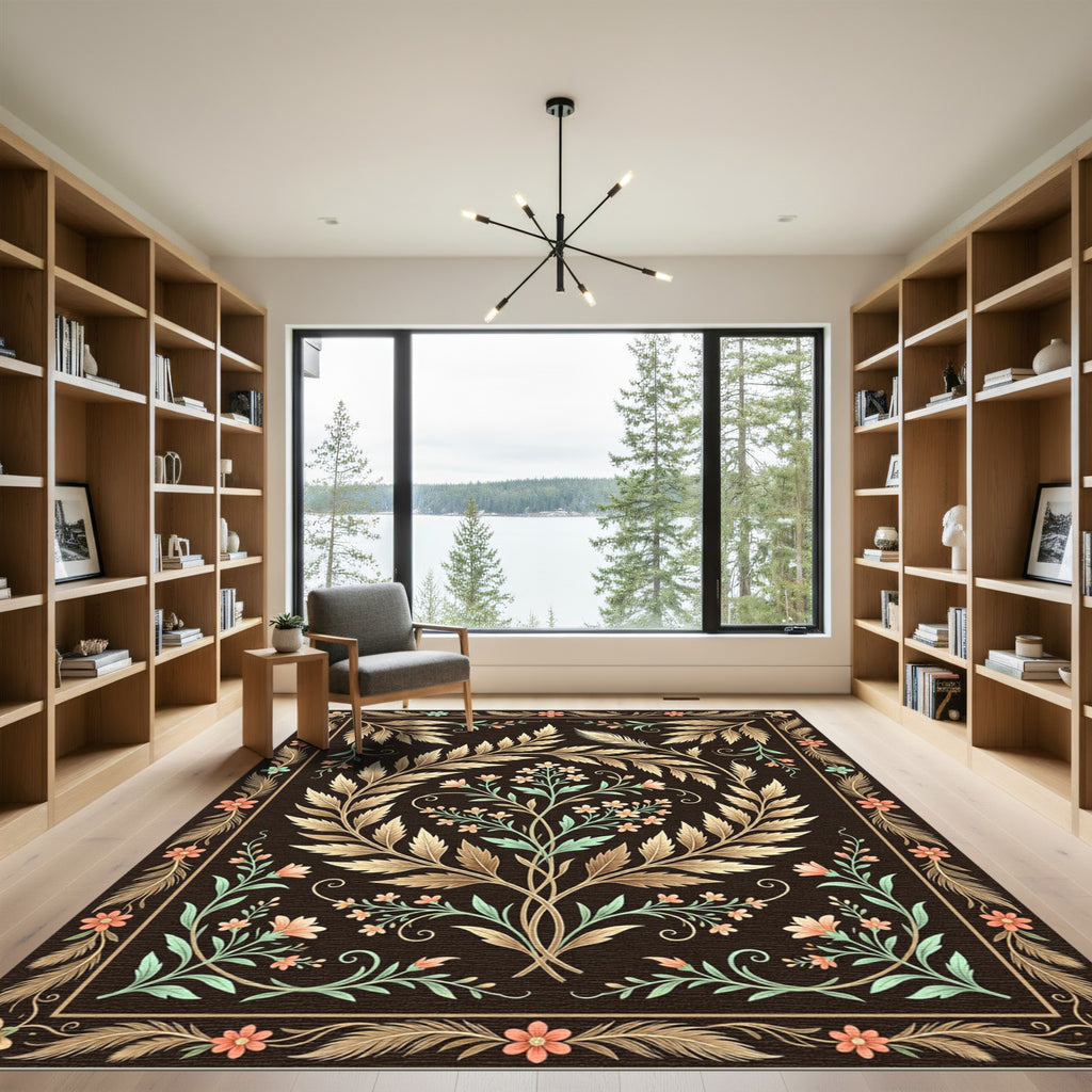 Elegant Floral Wreath Dark Botanical Art Rug