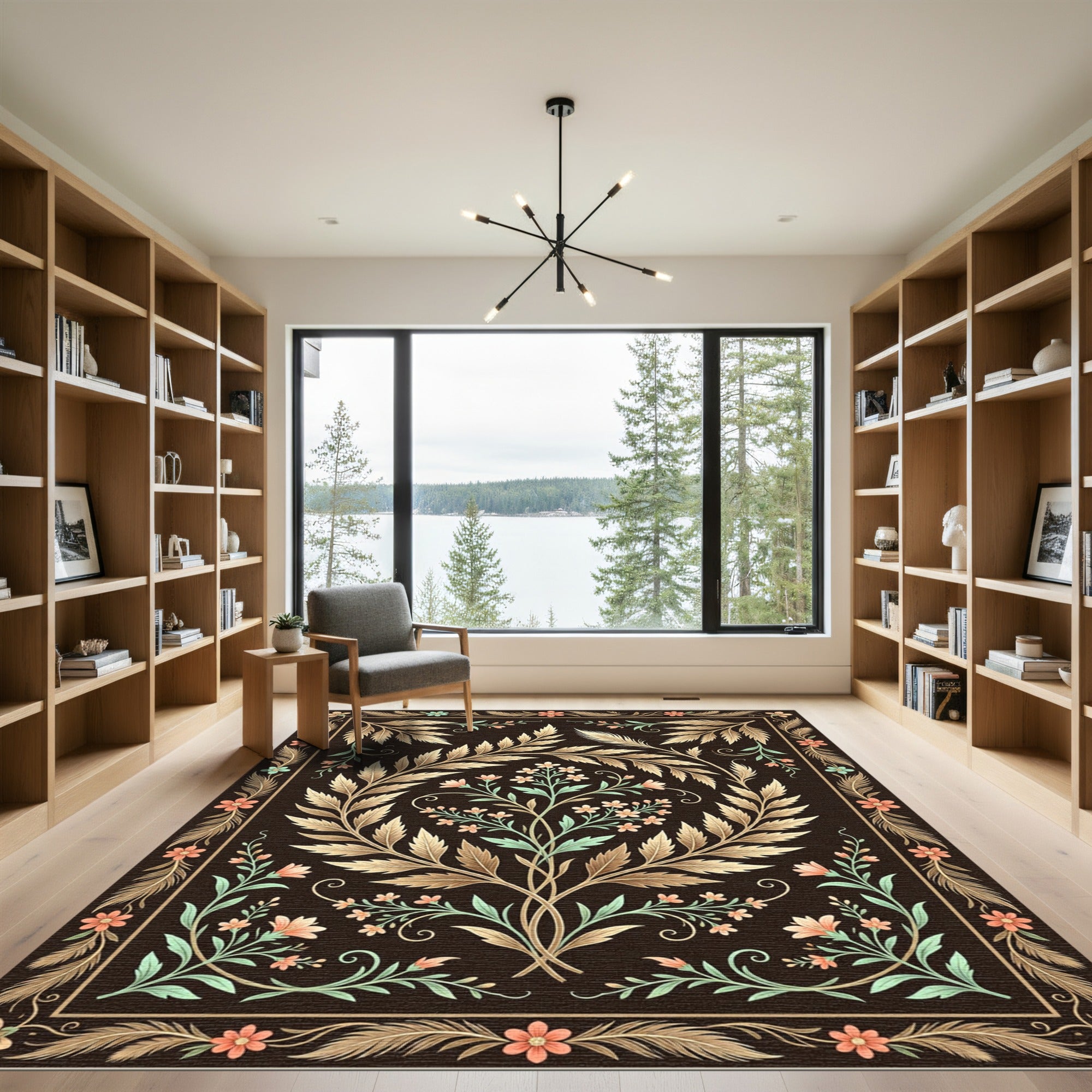Elegant Floral Wreath Dark Botanical Art Rug