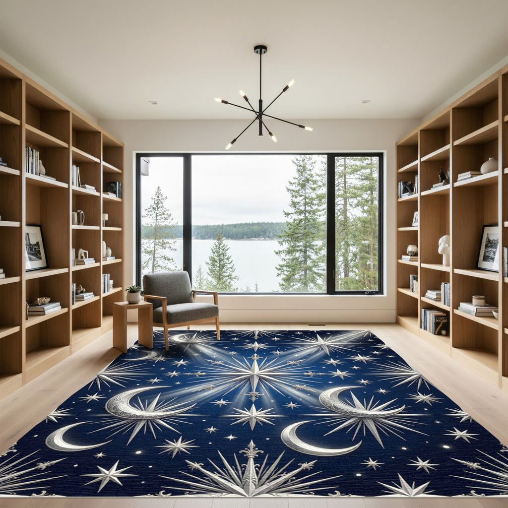 Celestial Silver Moon and Starry Sky Rug