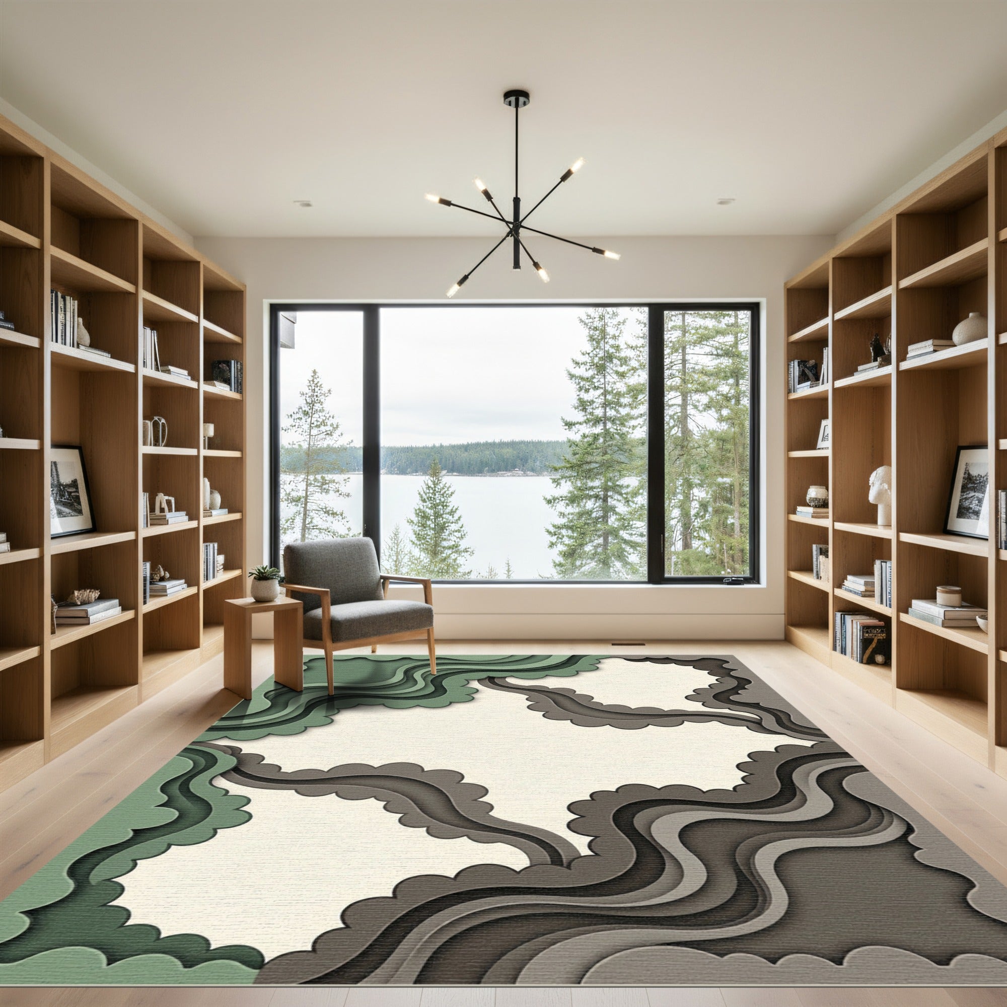 Organic Sage and Charcoal Layered Waves Rug