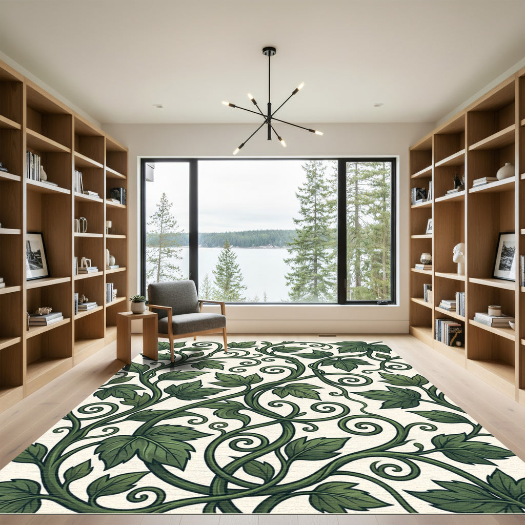 Lush Emerald Foliage Scrolling Vine Tapestry Rug