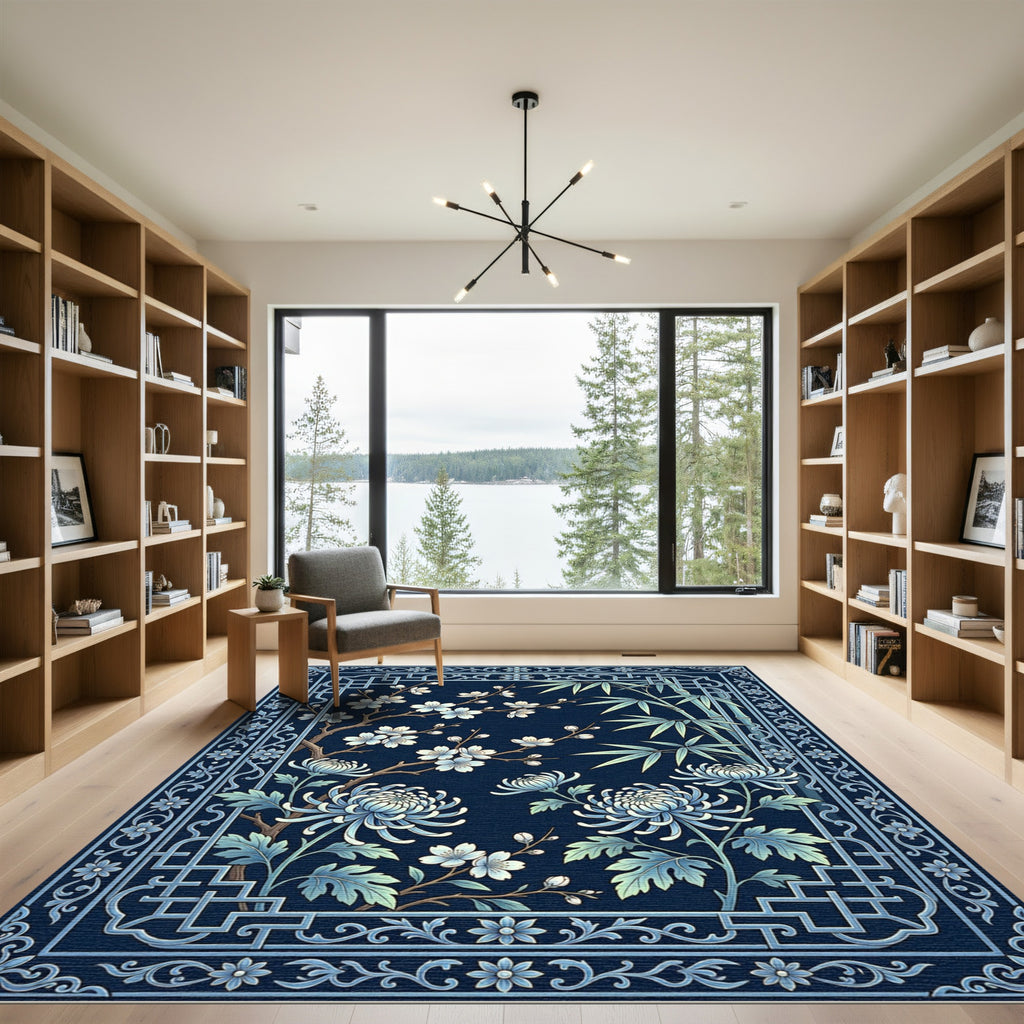 Chinoiserie Blue Botanical Bamboo Plum Blossom Rug