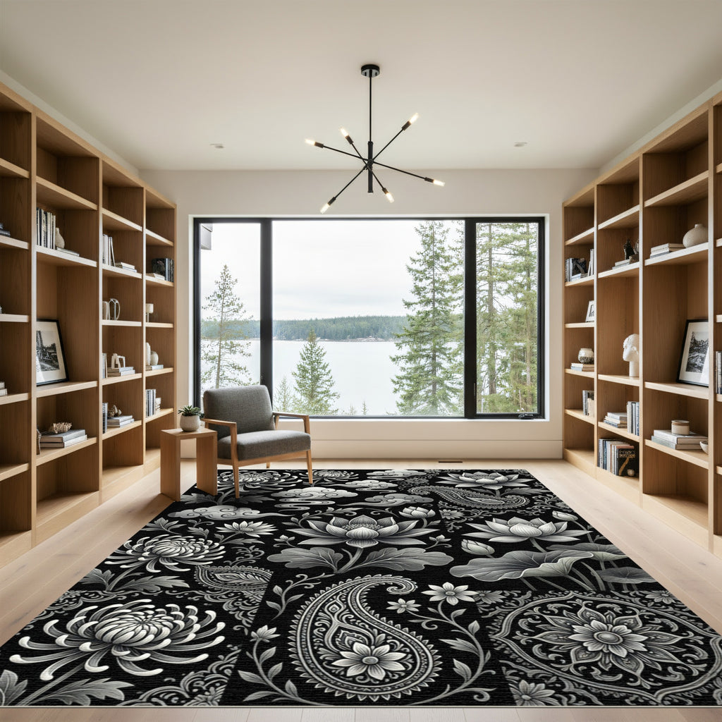 Monochromatic Floral Paisley Cloud Collage Rug