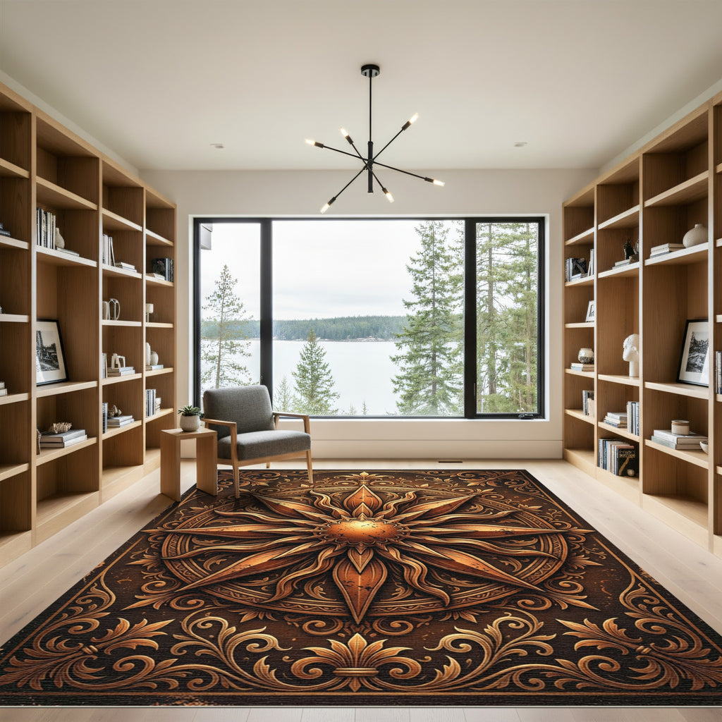 Ornate Bronze Sunburst Celestial Medallion Rug