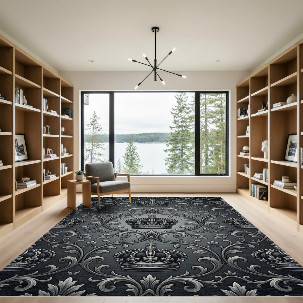 Regal Black Gray Crown Arabesque Rug