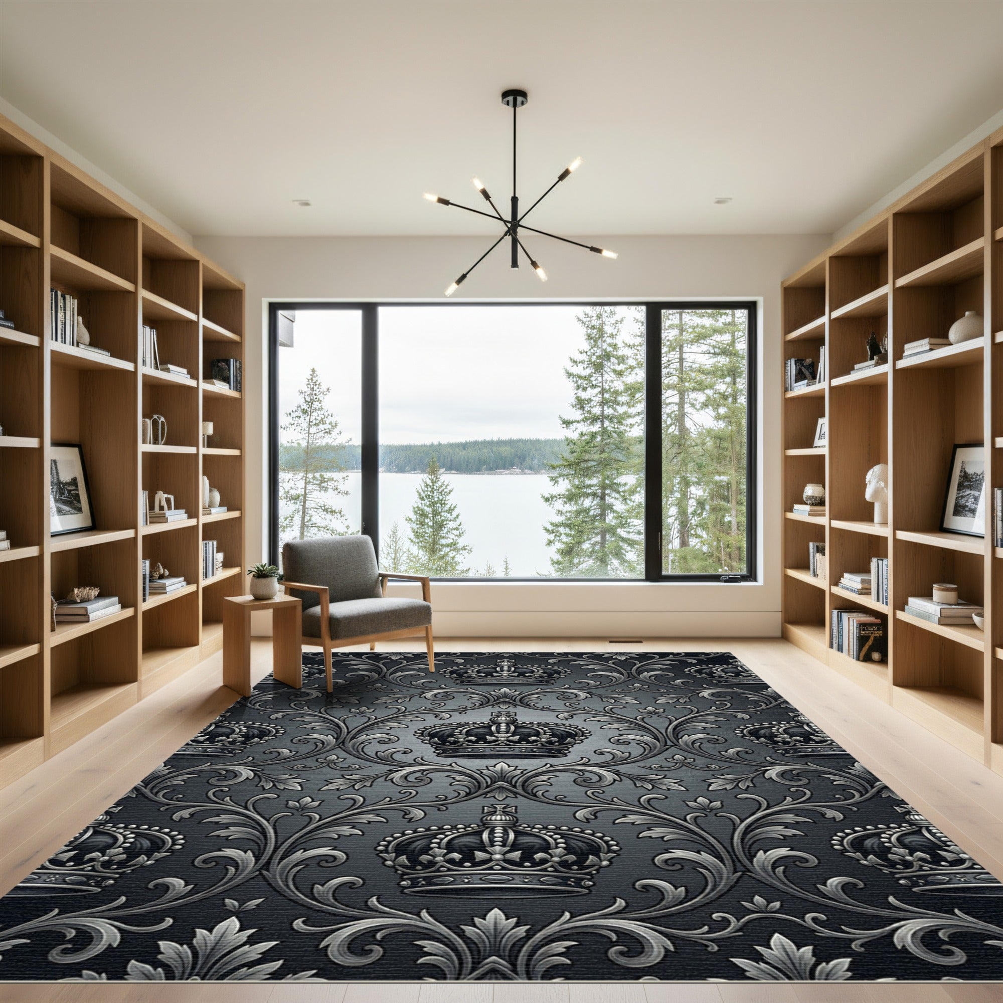 Regal Black Gray Crown Arabesque Rug