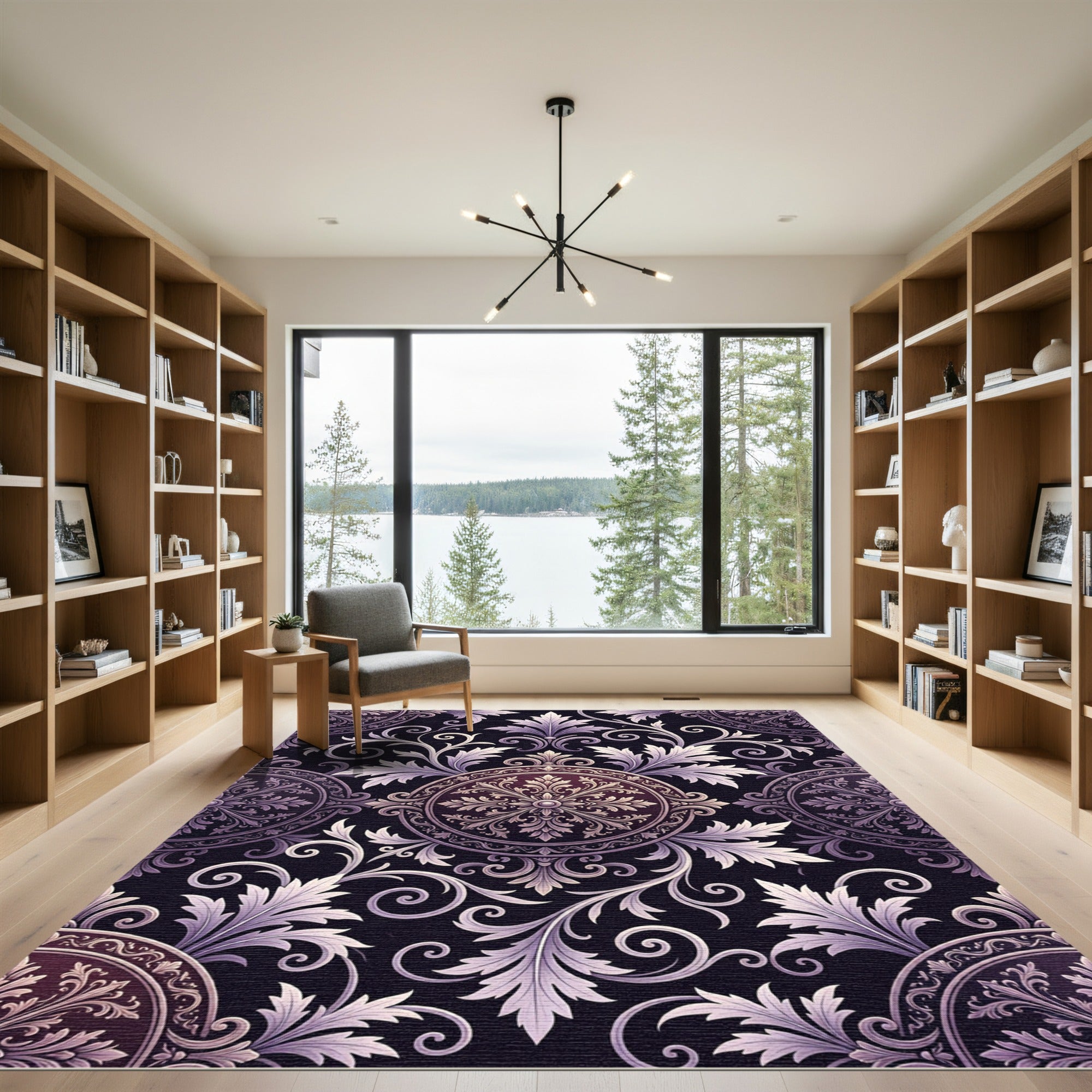 Ornate Purple Floral Scroll Medallion Rug