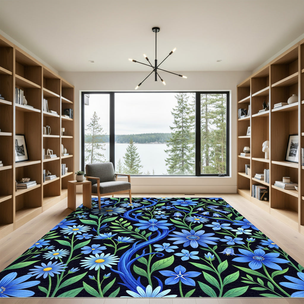 Botanical Blue Flower Meadow Art Rug
