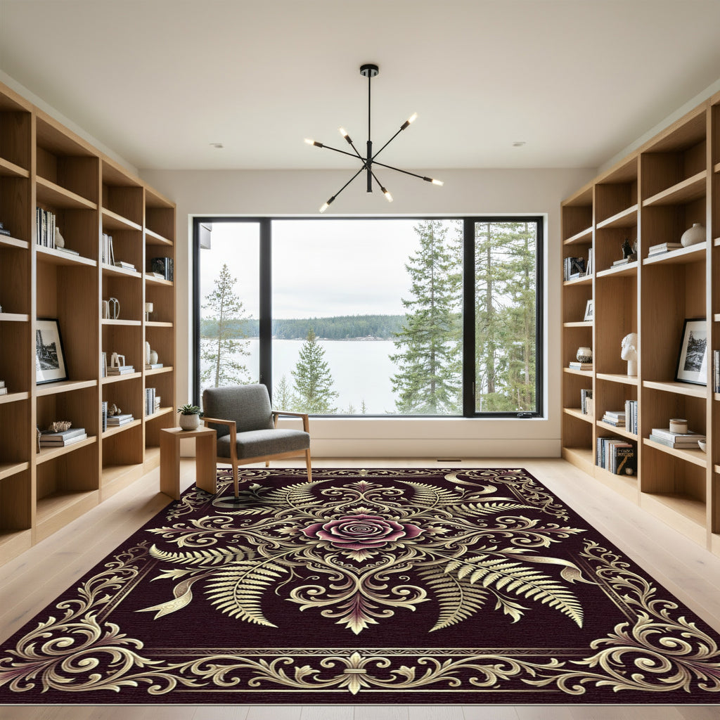 Elegant Burgundy Rose Gold Fern Medallion Rug