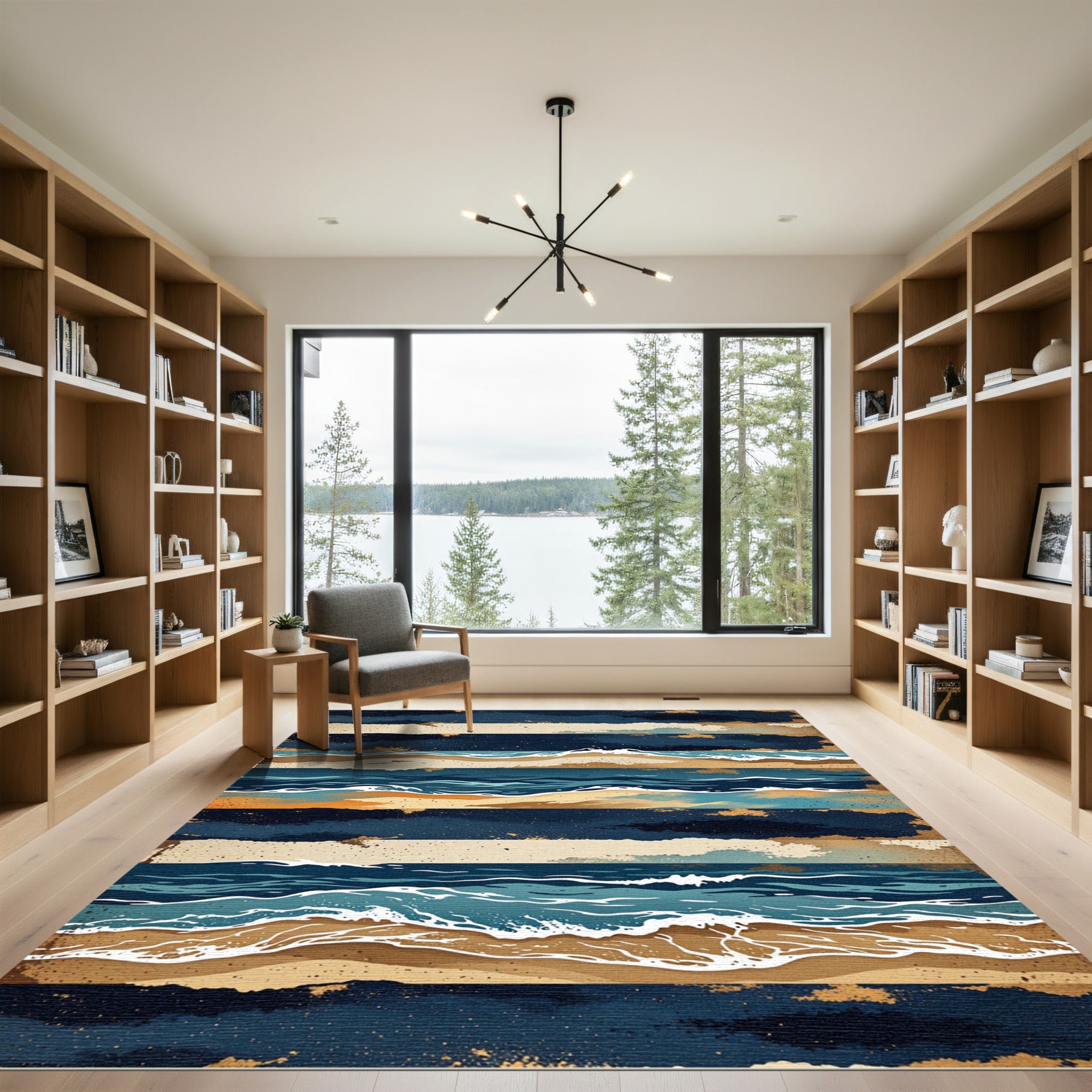 Earthy Coastal Blue Layered Wave Rug