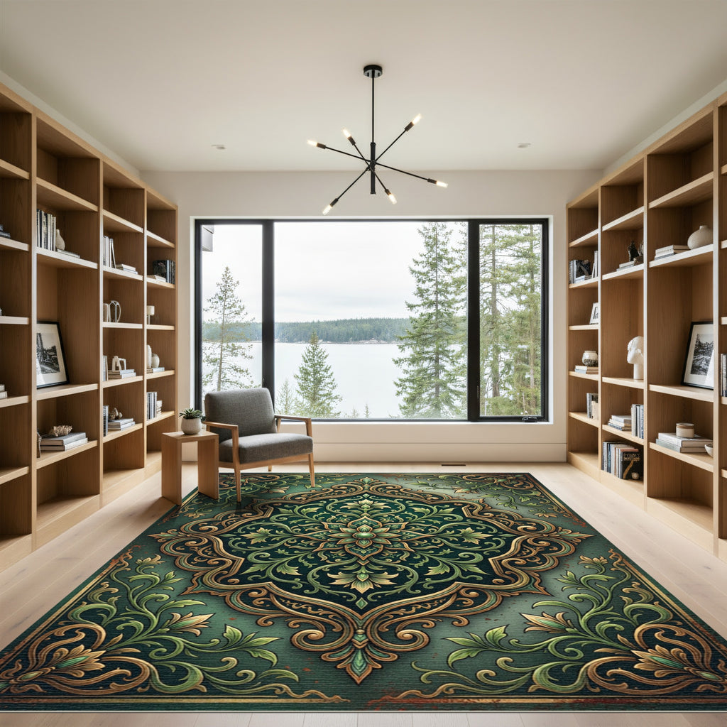 Emerald Gold Floral Arabesque Frame Rug