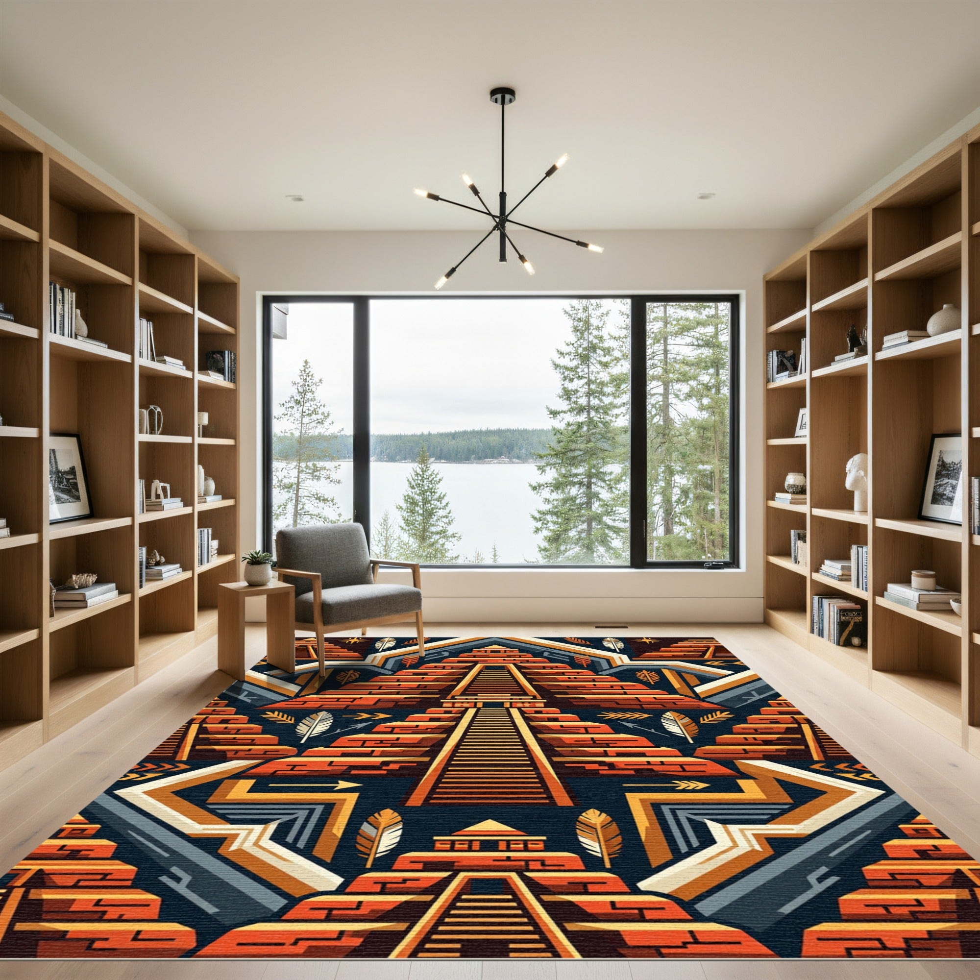 Geometric Terracotta Aztec Pyramid Staircase Rug