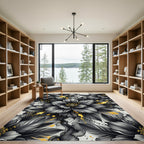 Elegant Black Floral Gold Ink Flow Rug