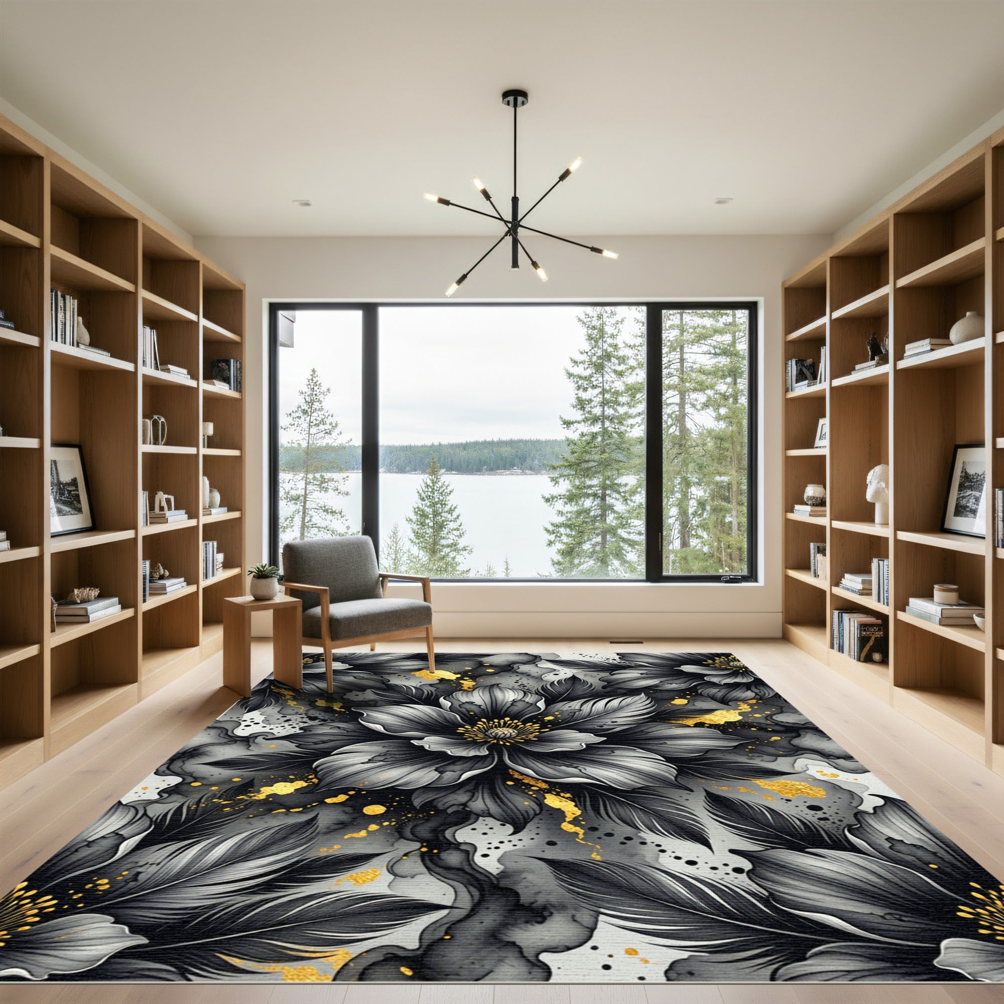 Elegant Black Floral Gold Ink Flow Rug