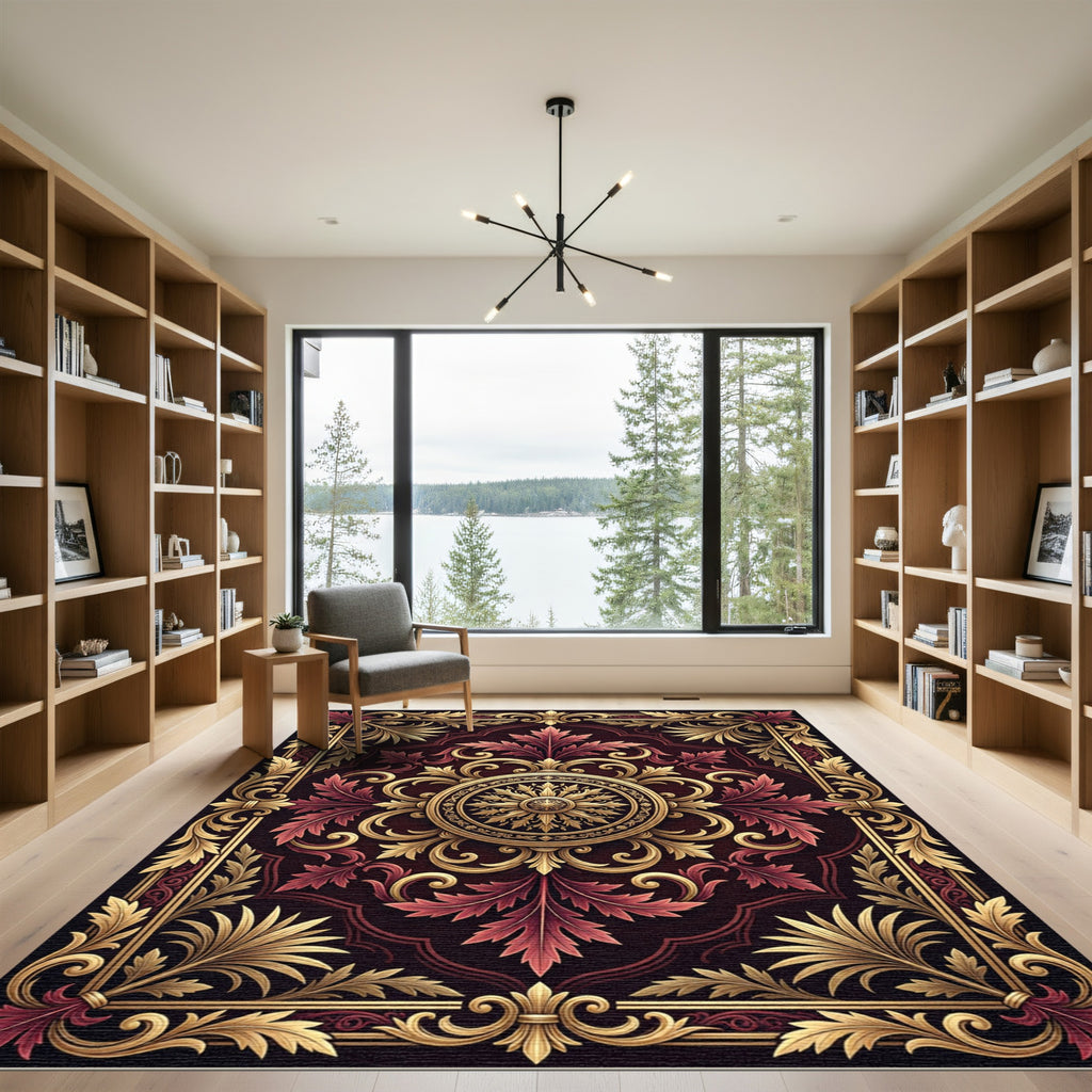Ornate Burgundy Gold Scrollwork Rug