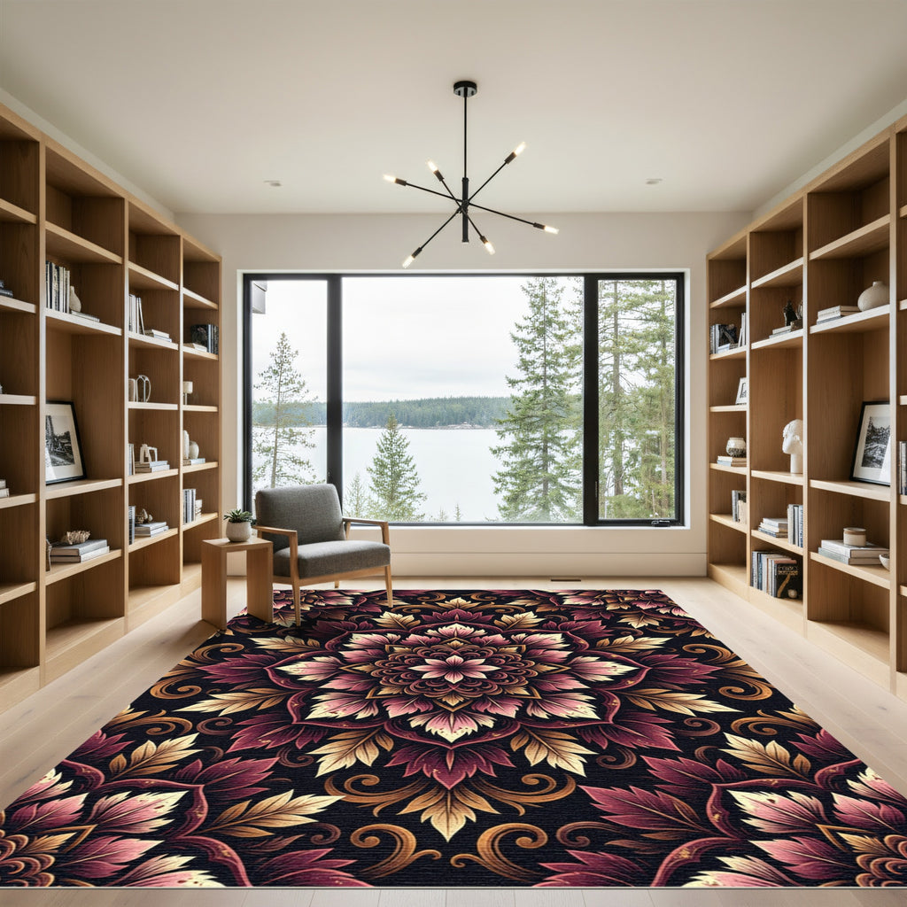 Crimson and Gold Floral Mandala Rug