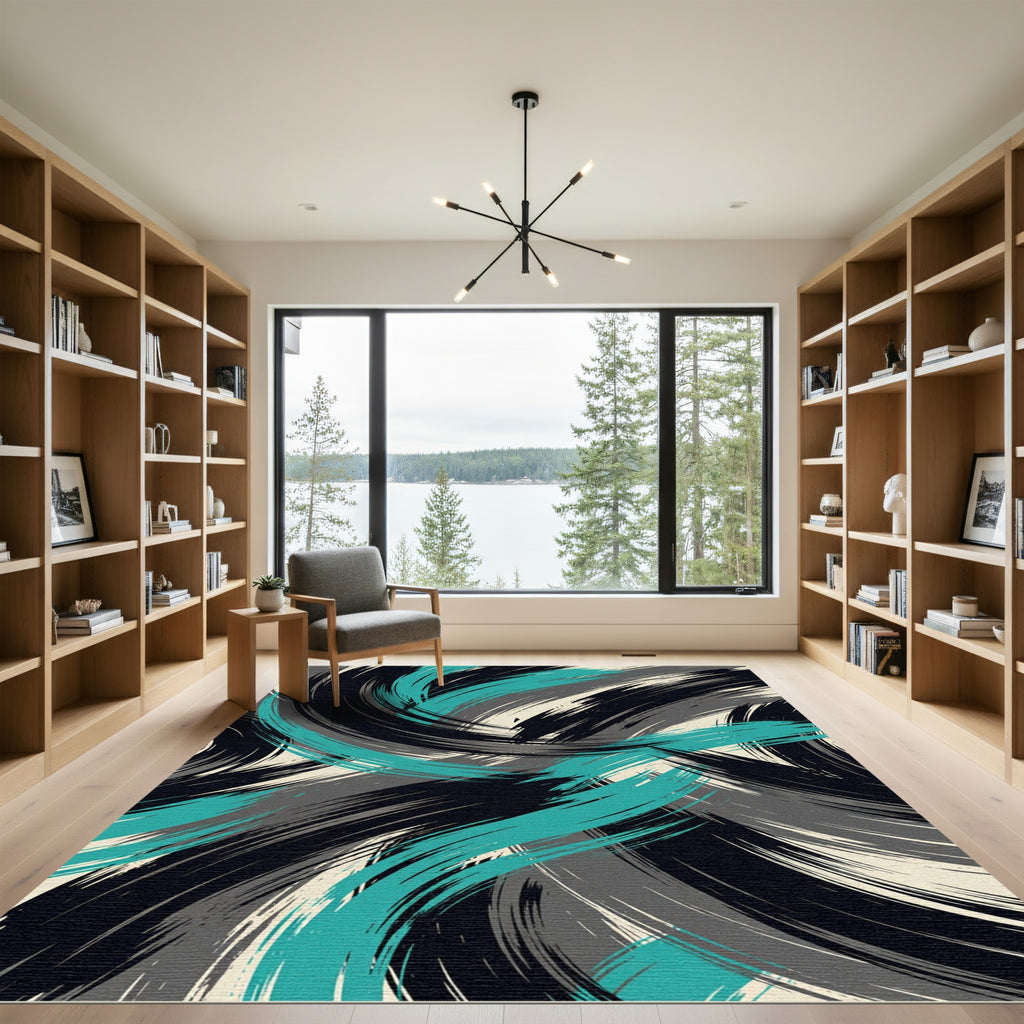 Abstract Teal Black Swirl Rug