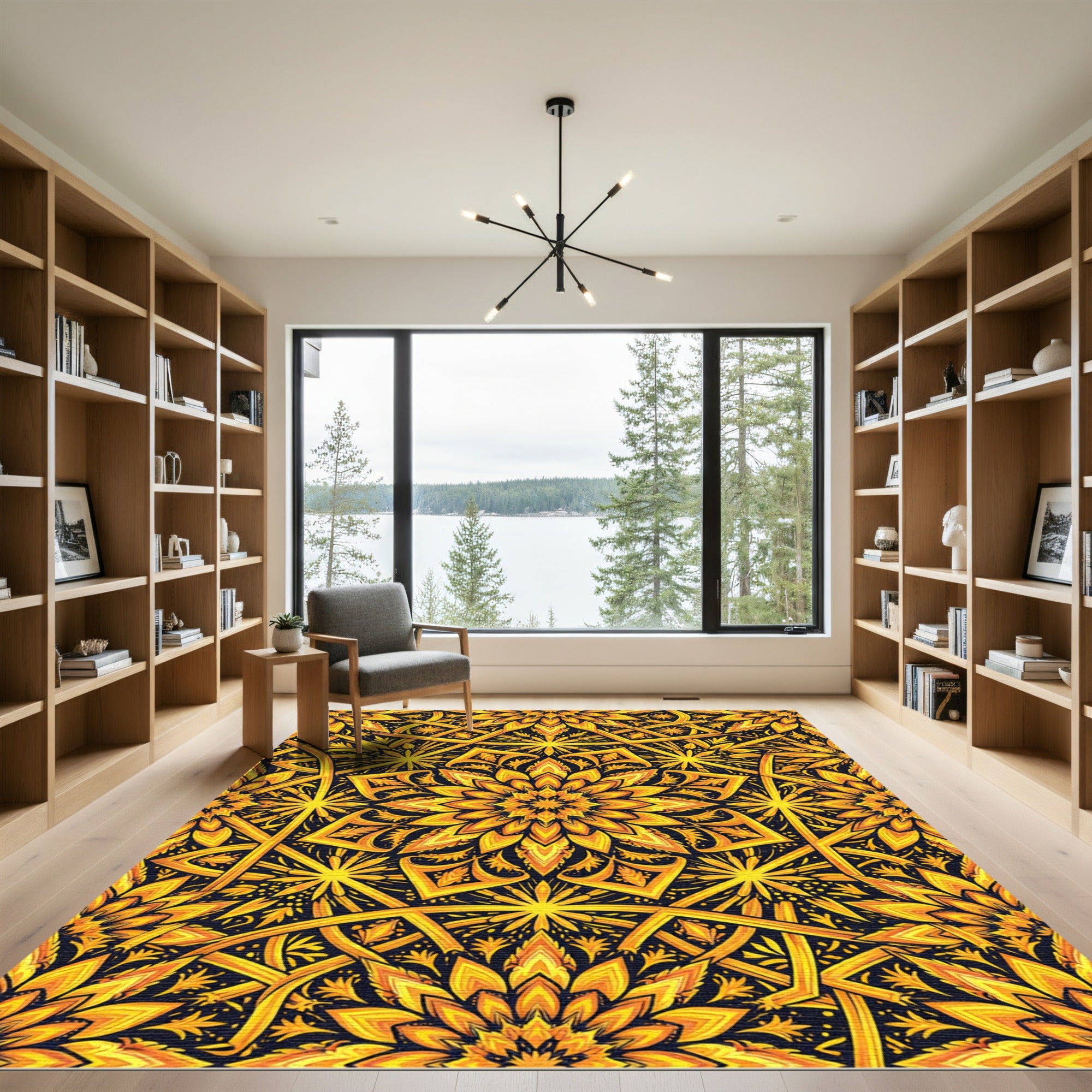 Golden Radiant Sunburst Floral Medallion Rug