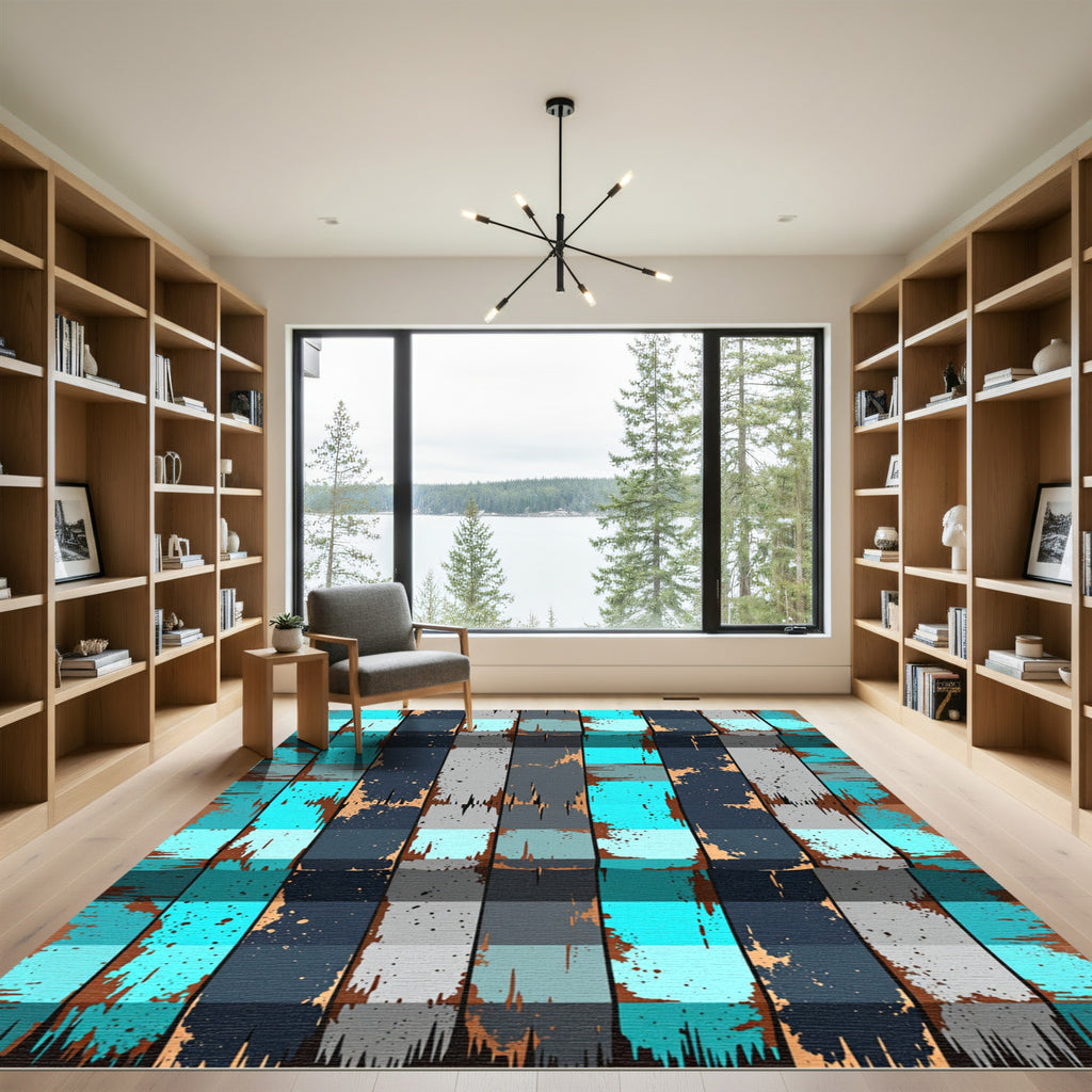 Aqua Gray Wood Grain Plaid Splash Rug